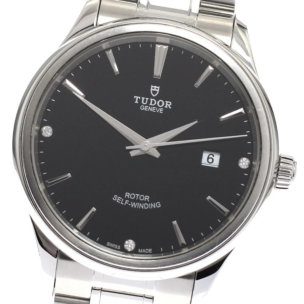 TUDOR STYLE DIAMOND DATE BLACK AUTOMATIC WATCH: TUDOR style diamond Date Black Automatic Watch Brand: TUDOR Type: Wristwatch Material: Band Material Stainless Steel, Case Material Stainless Steel Color: Band Color Silver, Dial Color black, Case Col