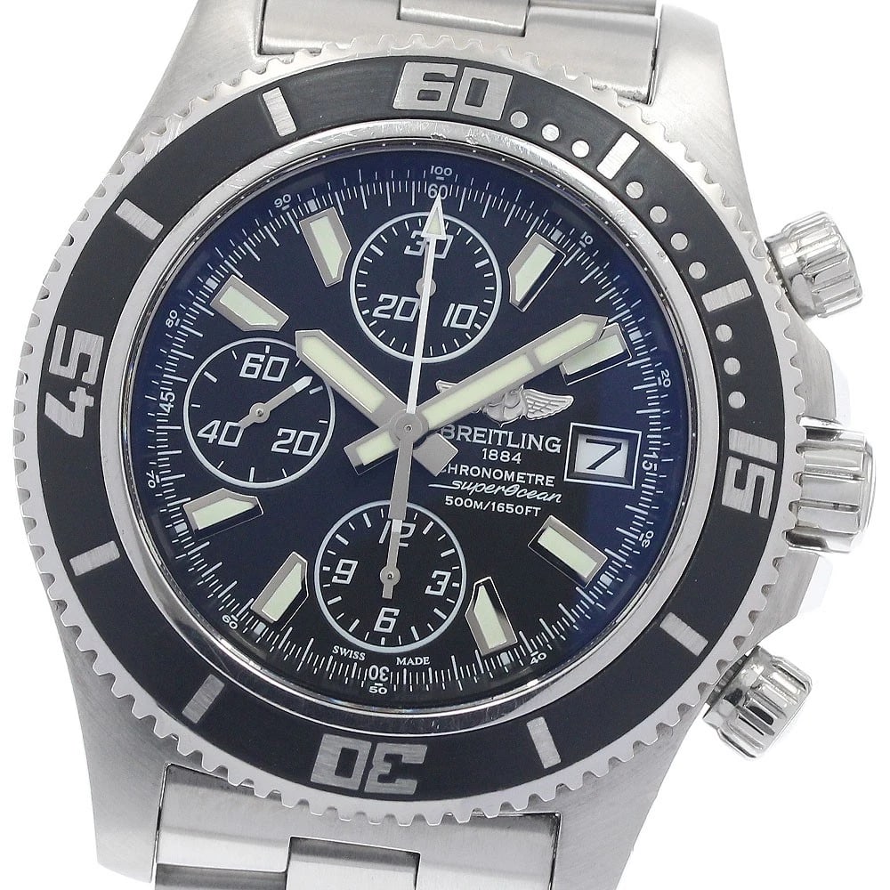 BREITLING SUPER OCEAN CHRONOGRAPH BLACK AUTOMATIC WATCH: BREITLING Super Ocean Chronograph black Automatic Watch Brand: BREITLING Type: Wristwatch Material: Band Material Stainless Steel, Case Material Stainless Steel Color: Band Color Silver, Dial Color