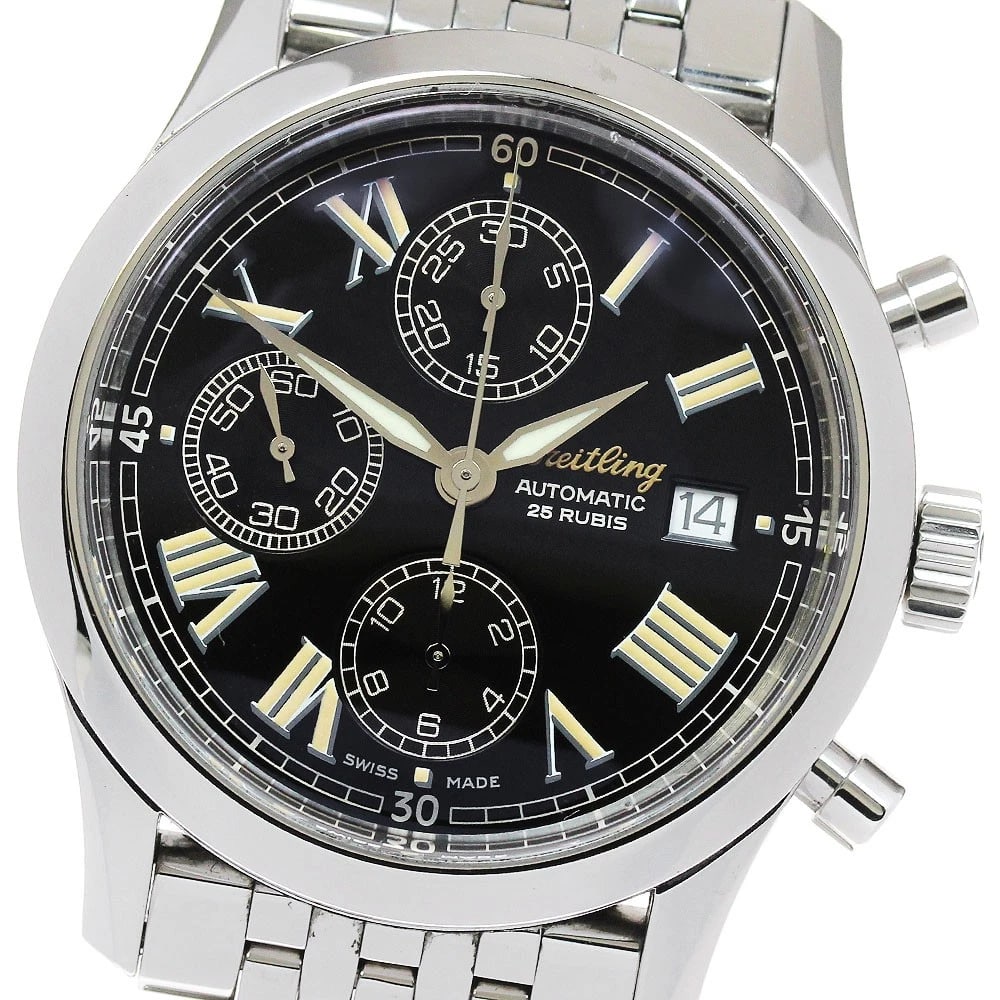 BREITLING PREMIER DATE CHRONOGRAPH AUTOMATIC WATCH: BREITLING Premier Date Chronograph Automatic Watch Brand: BREITLING Type: Wristwatch Material: Band Material Stainless Steel, Case Material Stainless Steel Color: Band Color Silver, Dial Color black,