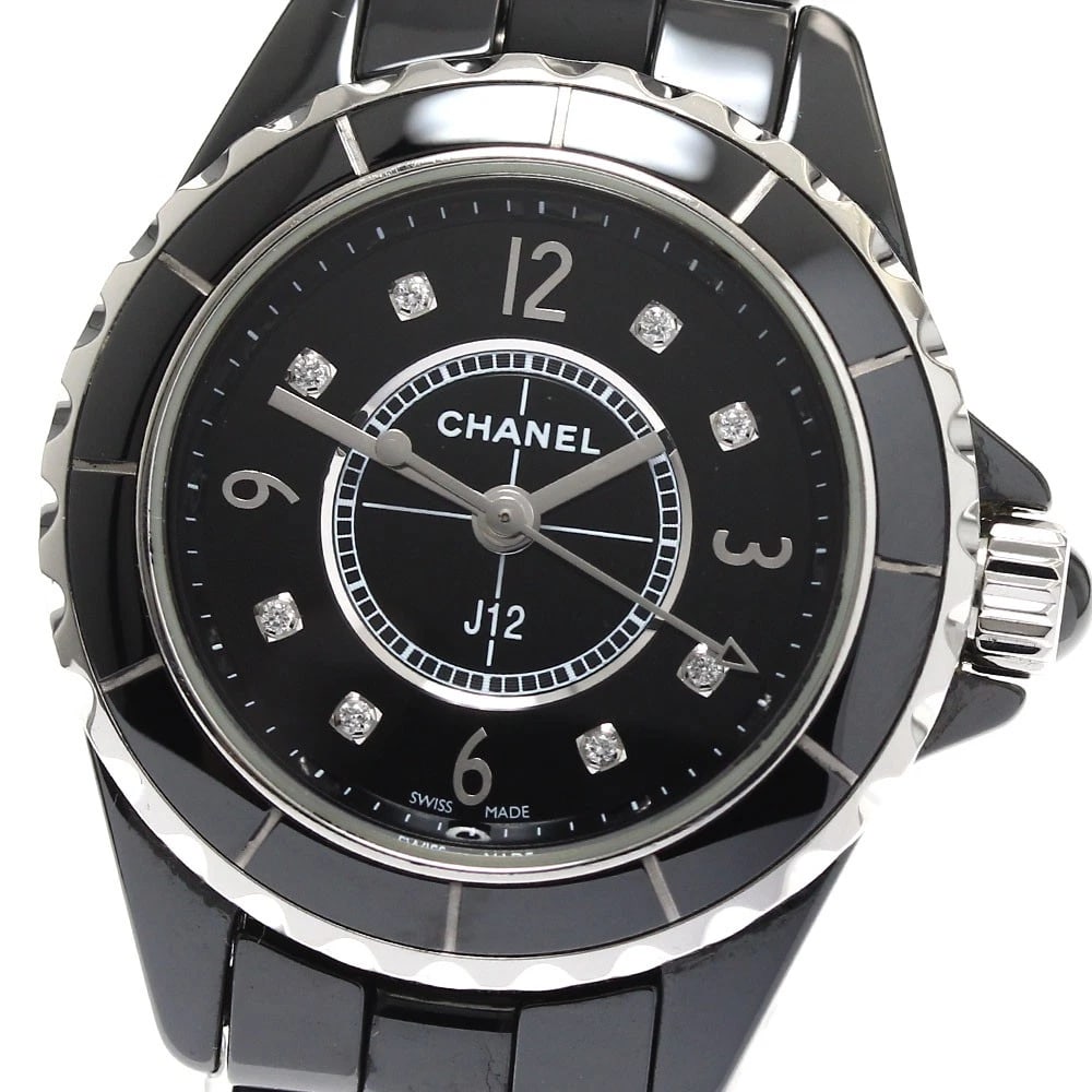 CHANEL J12 DIAMOND BLACK QUARTZ WATCH: CHANEL J12 diamond black Quartz Watch Brand: CHANEL Type: Wristwatch Material: Band Material Stainless Steel / ceramic, Case Material Stainless Steel / ceramic Color: Band Color Silver / Black, Dial