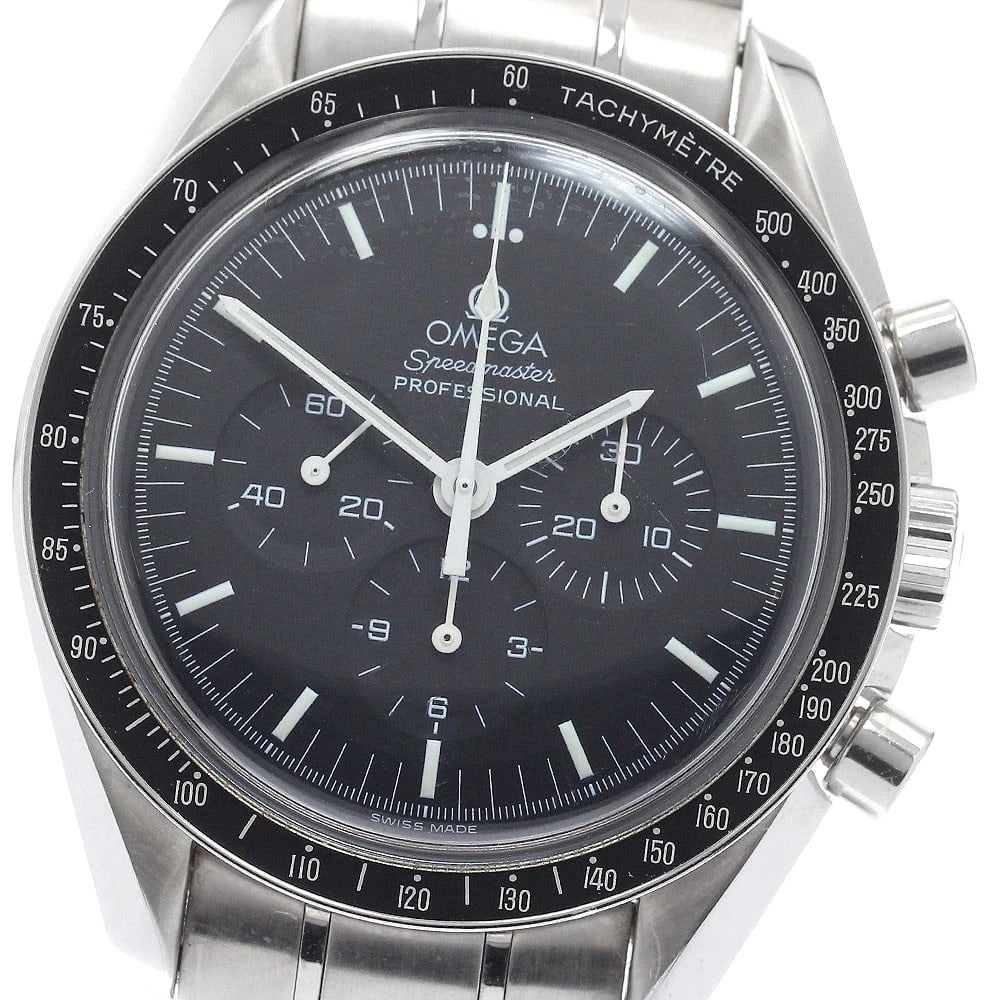 OMEGA SPEEDMASTER PROFESSIONAL MOON WATCH: OMEGA Speedmaster Professional Moon Watch Brand: OMEGA Type: Wristwatch Material: Band Material Stainless Steel, Case Material Stainless Steel Color: Band Color Silver, Dial Color black, Case Color Si