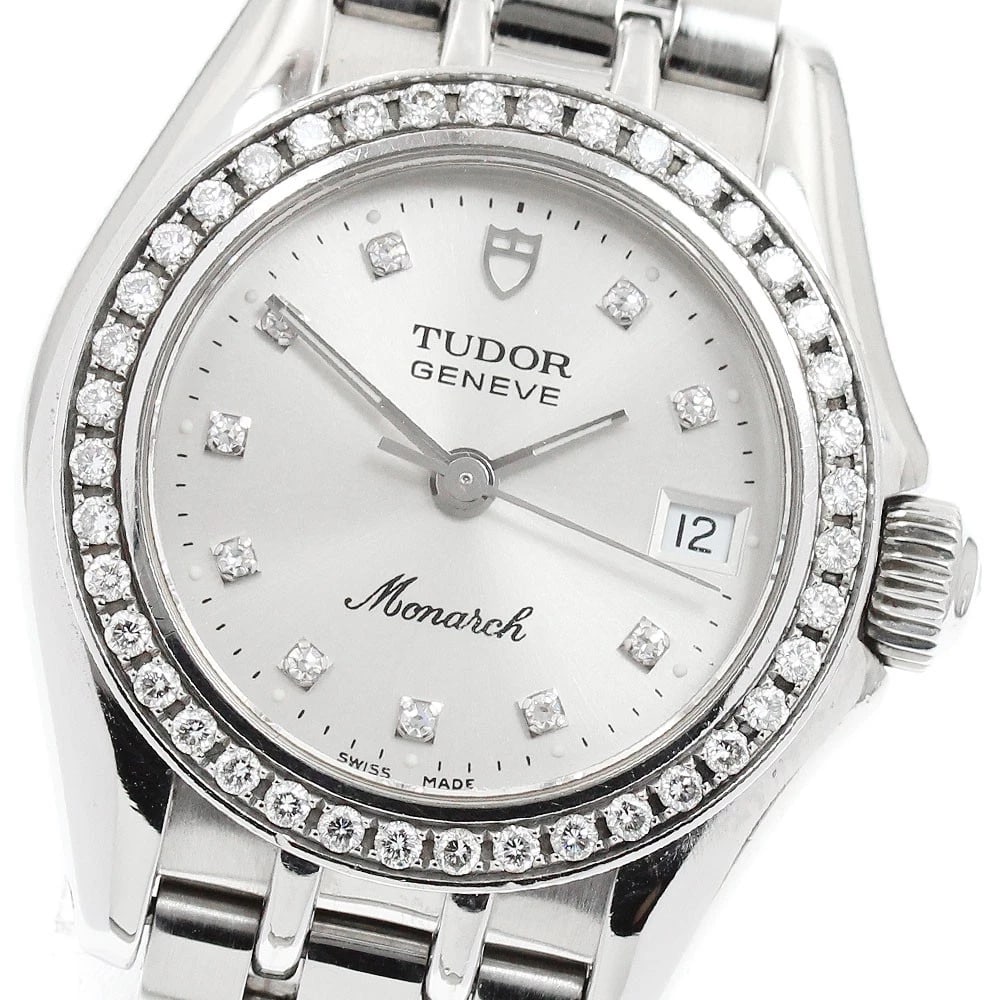 TUDOR MONARCH DIAMOND BEZEL QUARTZ WATCH: TUDOR Monarch Diamond bezel Quartz Watch Brand: TUDOR Type: Wristwatch Material: Band Material Stainless Steel, Case Material Stainless Steel Color: Band Color Silver, Dial Color white, Case Color