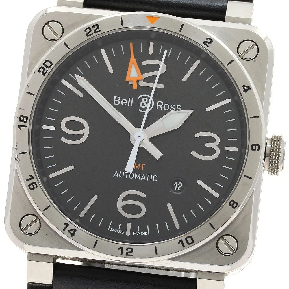 BELL?ROSS GMT DATE BLACK AUTOMATIC WATCH: Bell?Ross GMT date black Automatic Watch Brand: Bell?Ross Type: Wristwatch Material: Band Material leather, Case Material Stainless Steel Color: Band Color black, Dial Color black, Case Color Silver