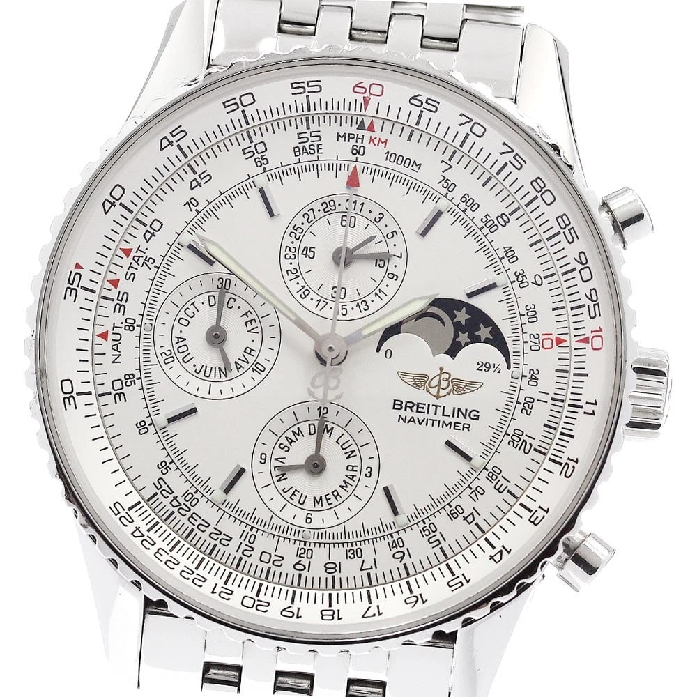 BREITLING NAVITIMER OLYMPUS MOON PHASE SILVER AUTOMATIC WATCH: BREITLING Navitimer Olympus Moon phase Silver Automatic Watch Brand: BREITLING Type: Wristwatch Material: Band Material Stainless Steel, Case Material Stainless Steel Color: Band Color Silver, Dial Co
