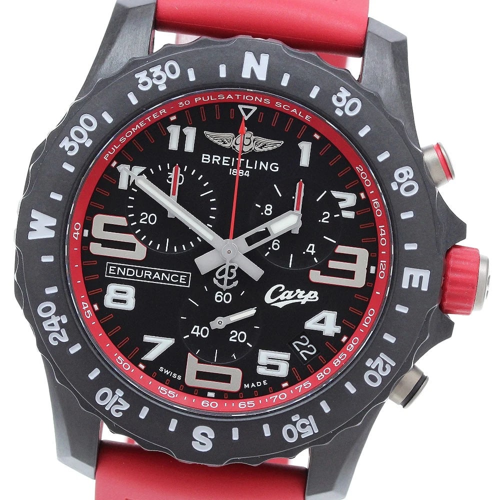BREITLING ENDURANCE QUARTZ WATCH: BREITLING Endurance Quartz Watch Brand: BREITLING Type: Wristwatch Material: Band Material rubber, Case Material Bright light Color: Band Color Red, Dial Color black, Case Color black Size: Case Size