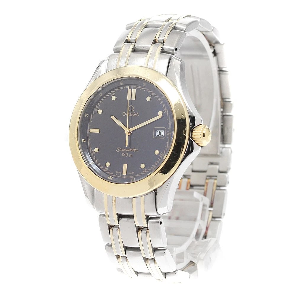 OMEGA SEAMASTER YG BEZEL BLACK QUARTZ WATCH: OMEGA Seamaster YG bezel black Quartz Watch Brand: OMEGA Type: Wristwatch Material: Band Material Stainless Steel/Gold Plated, Case Material Stainless Steel/YG Color: Band Color Silver / Gold, Dial