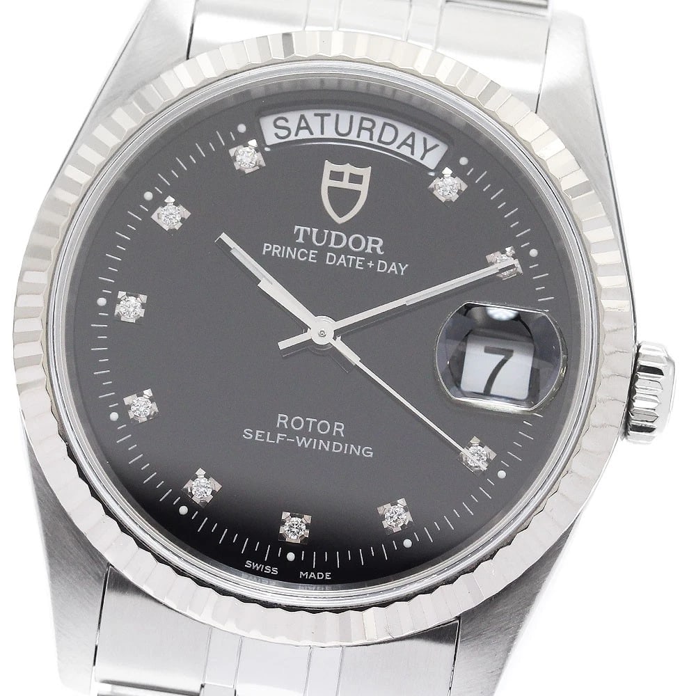 TUDOR PRINCE DATE BEZEL DIAMOND AUTOMATIC WATCH: TUDOR Prince Date bezel diamond Automatic Watch Brand: TUDOR Type: Wristwatch Material: Band Material Stainless Steel, Case Material Stainless Steel/K18WG Color: Band Color Silver, Dial Color black,