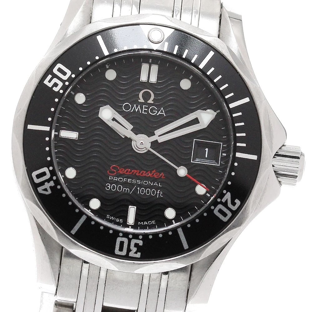 OMEGA SEAMASTER DATE BLACK QUARTZ WATCH: OMEGA Seamaster Date black Quartz Watch Brand: OMEGA Type: Wristwatch Material: Band Material Stainless Steel, Case Material Stainless Steel Color: Band Color Silver, Dial Color black, Case Color