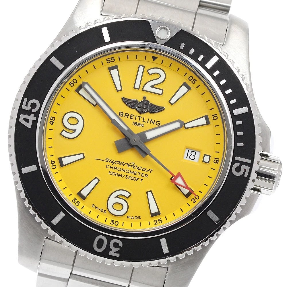 BREITLING SUPER OCEAN DATE YELLOW AUTOMATIC WATCH: BREITLING Super Ocean Date yellow Automatic Watch Brand: BREITLING Type: Wristwatch Material: Band Material Stainless Steel, Case Material Stainless Steel Color: Band Color Silver, Dial Color yellow,
