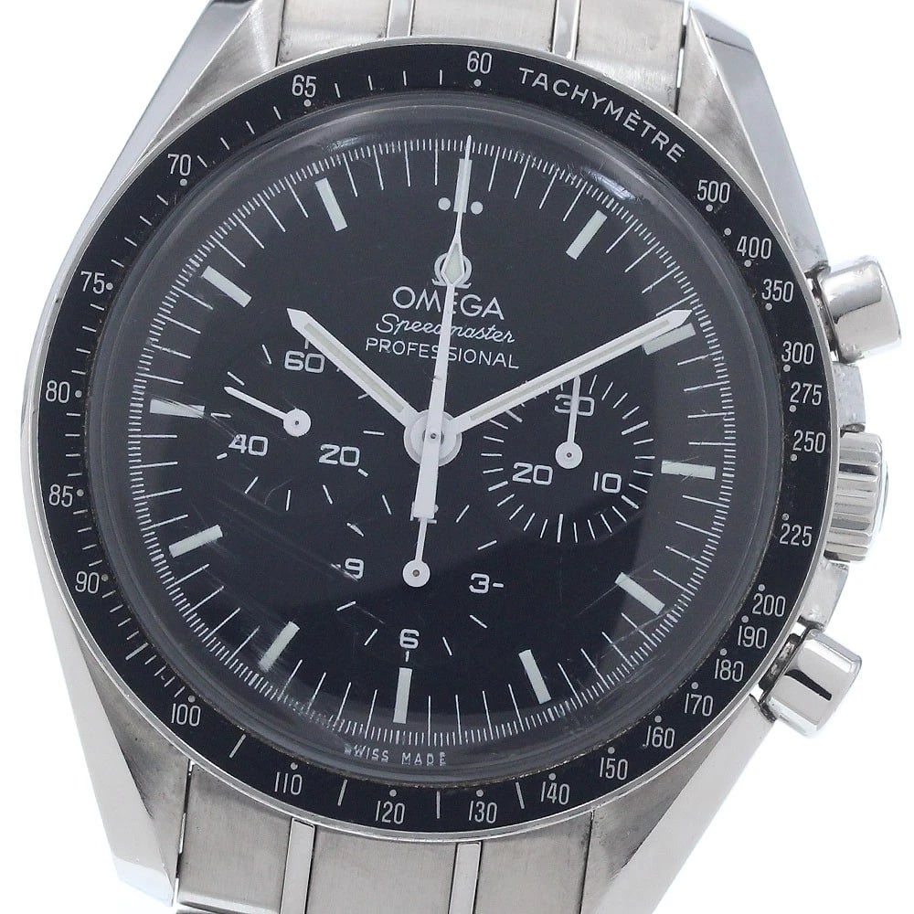 OMEGA SPEEDMASTER MOONWATCH PROFESSIONAL WATCH: OMEGA Speedmaster Moonwatch Professional Watch Brand: OMEGA Type: Wristwatch Material: Band Material Stainless Steel, Case Material Stainless Steel Color: Band Color Silver, Dial Color black, Case Col