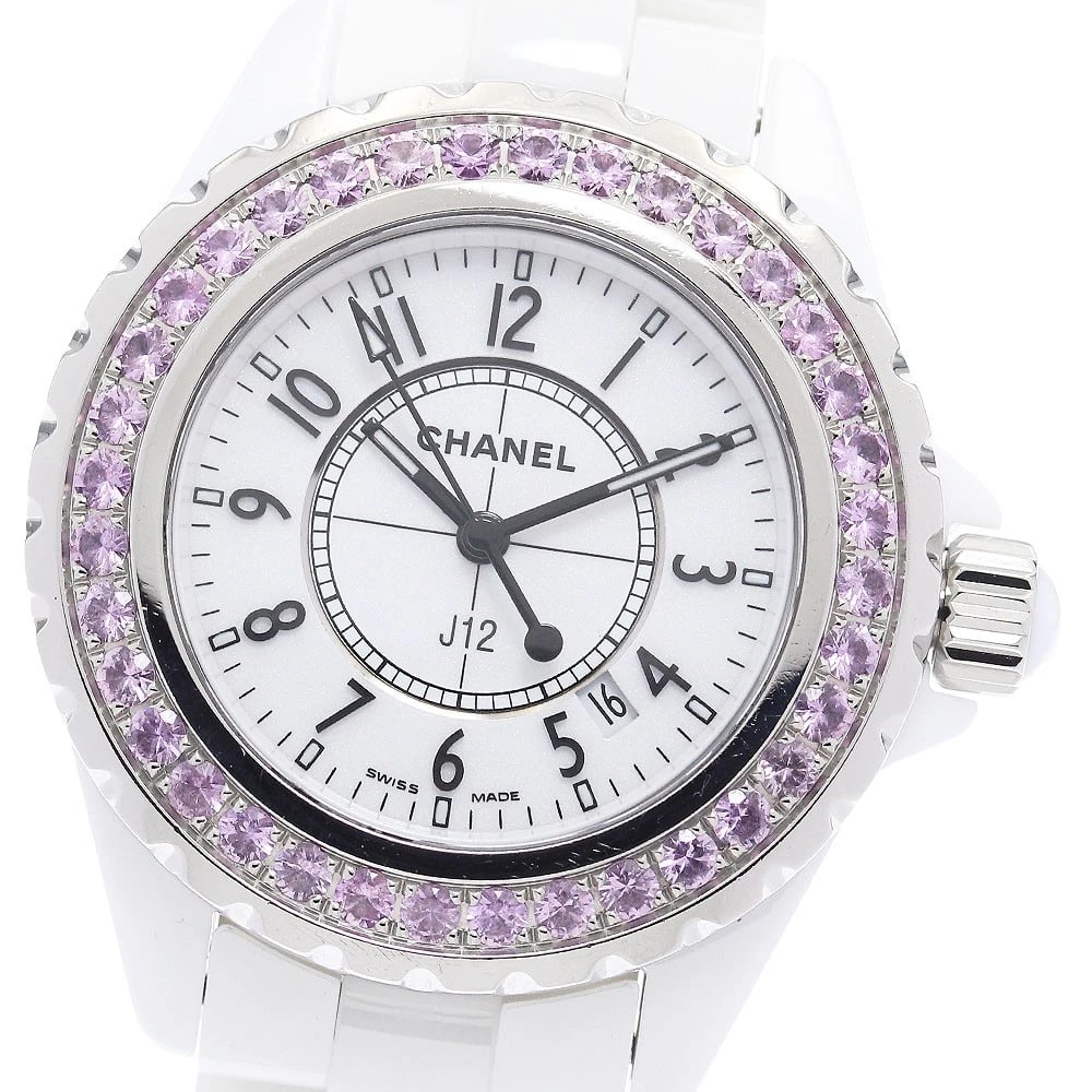 CHANEL J12 PINK SAPPHIRE BEZEL WHITE QUARTZ WATCH: CHANEL J12 Pink Sapphire Bezel white Quartz Watch Brand: CHANEL Type: Wristwatch Material: Band Material Stainless Steel / ceramic, Case Material Stainless Steel / ceramic Color: Band Color White / Si