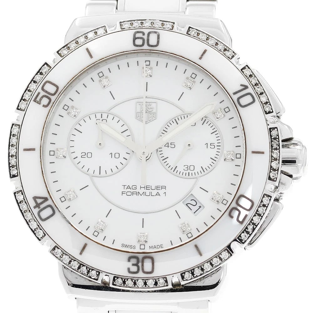 TAG HEUER CHRONOGRAPH DIAMOND BEZEL QUARTZ WATCH: TAG HEUER Chronograph Diamond Bezel Quartz Watch Brand: TAG HEUER Type: Wristwatch Material: Band Material Stainless Steel / ceramic, Case Material Stainless Steel / ceramic Color: Band Color White /