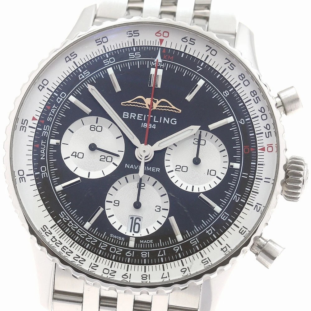 BREITLING NAVITIMER CHRONOGRAPH AUTOMATIC WATCH: BREITLING Navitimer Chronograph Automatic Watch Brand: BREITLING Type: Wristwatch Material: Band Material Stainless Steel, Case Material Stainless Steel Color: Band Color Silver, Dial Color black,