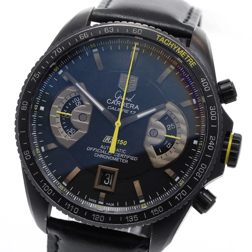TAG HEUER CALIBER CHRONOGRAPHS WATCH: TAG HEUER Caliber chronographs Watch Brand: TAG HEUER Type: Wristwatch Material: Band Material leather, Case Material titanium Color: Band Color black, Dial Color black, Case Color black Size: Case