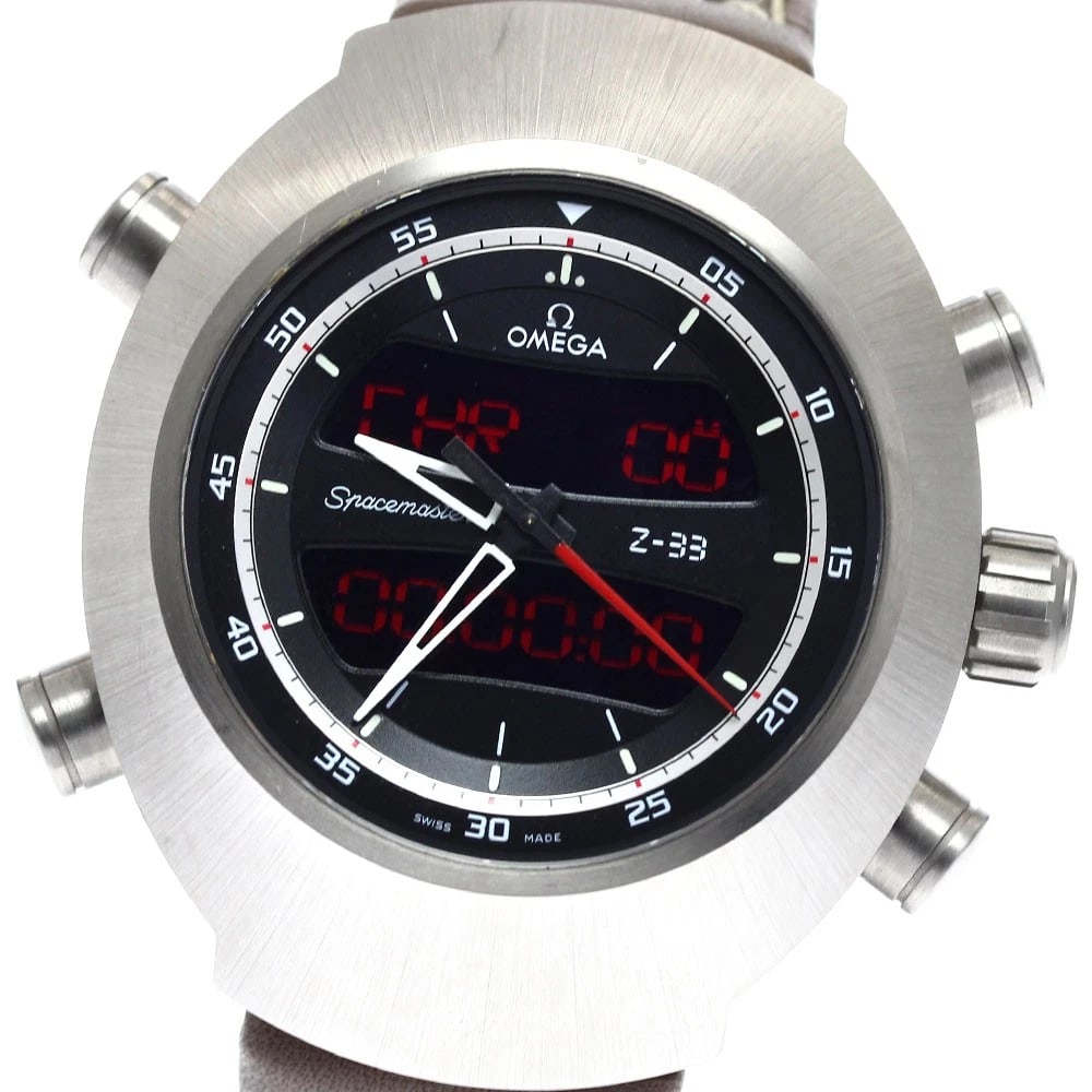 OMEGA SPEEDMASTER QUARTZ WATCH: OMEGA Speedmaster Quartz Watch Brand: OMEGA Type: Wristwatch Material: Band Material leather, Case Material titanium Color: Band Color Brown, Dial Color black, Case Color Silver Size: Case Size About4