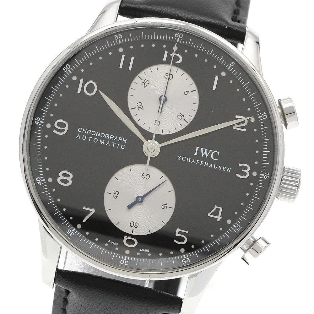 IWC SCHAFFHAUSEN PORTUGESE CHRONOGRAPH AUTOMATIC WATCH: IWC SCHAFFHAUSEN Portugese Chronograph Automatic Watch Brand: IWC SCHAFFHAUSEN Type: Wristwatch Material: Band Material leather, Case Material Stainless Steel Color: Band Color black, Dial Color