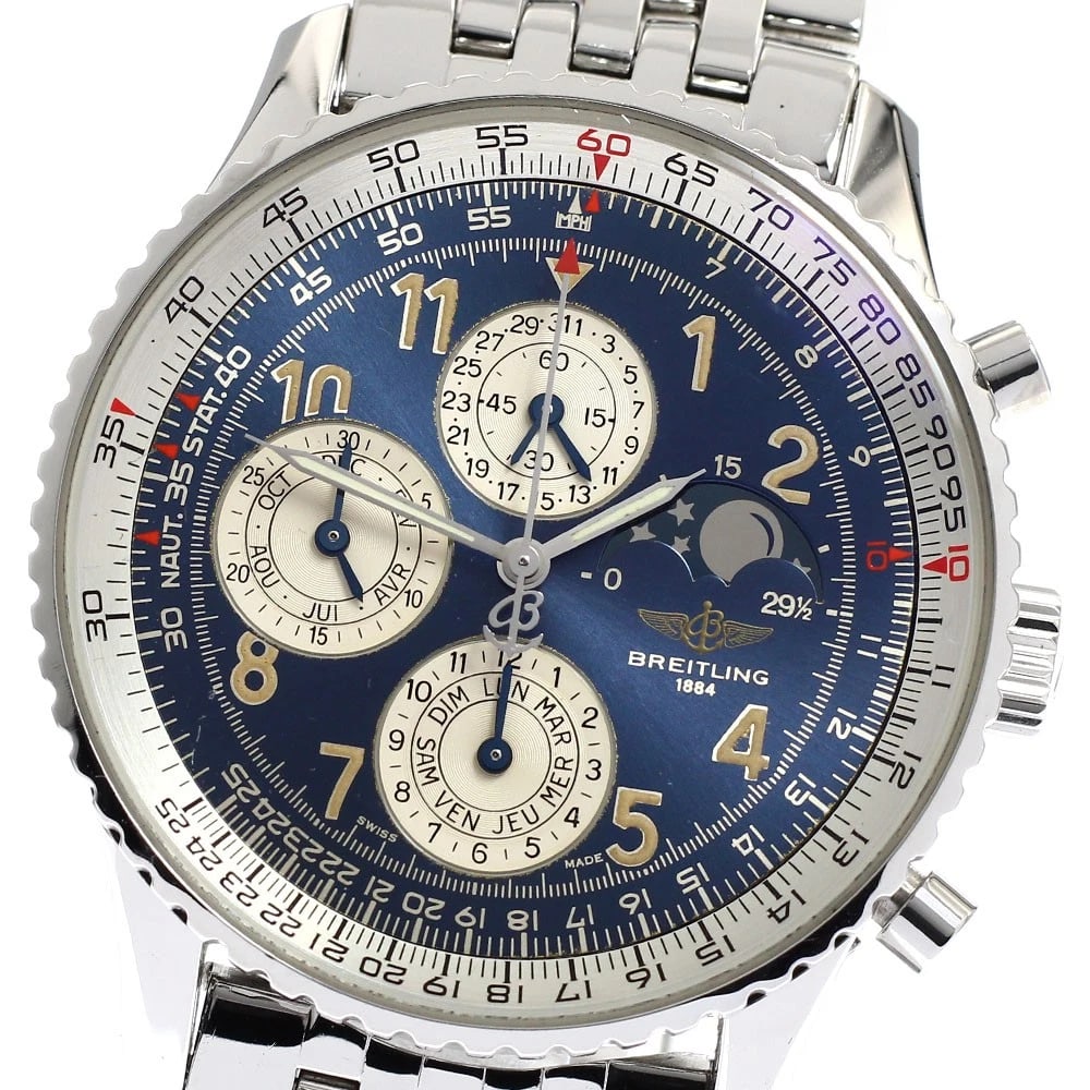 BREITLING NAVITIMER AUTOMATIC WATCH: BREITLING Navitimer Automatic Watch Brand: BREITLING Type: Wristwatch Material: Band Material Stainless Steel, Case Material Stainless Steel Color: Band Color Silver, Dial Color blue, Case Color Silve