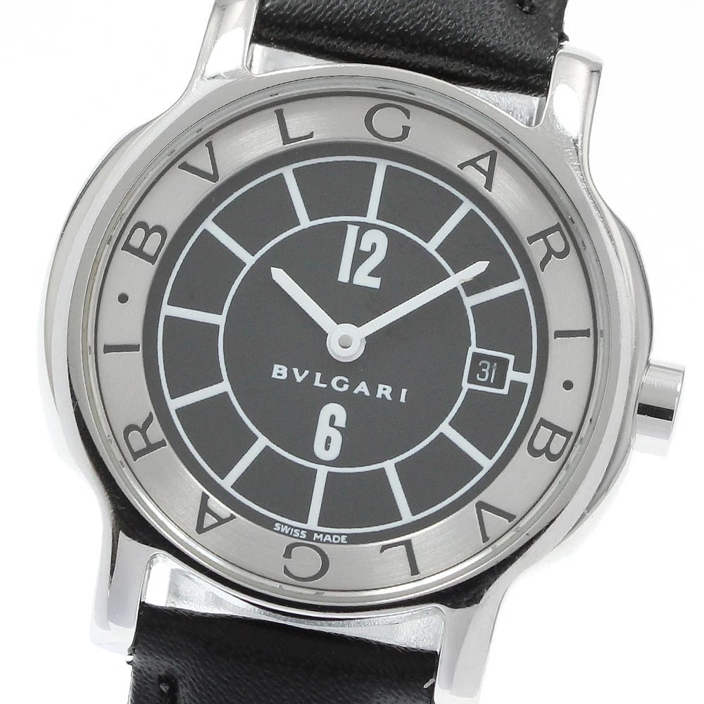 BVLGARI SOLO DATE BLACK QUARTZ WATCH: BVLGARI Solo Date Black Quartz Watch Brand: BVLGARI Type: Wristwatch Material: Band Material leather, Case Material Stainless Steel Color: Band Color black, Dial Color black, Case Color Silver Size: