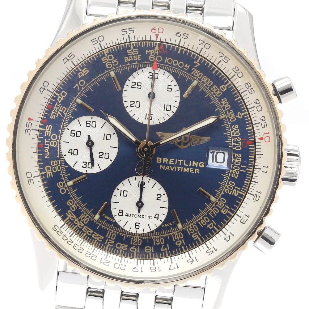 BREITLING NAVITIMER CHRONOGRAPH BLUE AUTOMATIC WATCH: BREITLING Navitimer Chronograph blue Automatic Watch Brand: BREITLING Type: Wristwatch Material: Band Material Stainless Steel, Case Material Stainless Steel/K18YG Color: Band Color Silver, Dial