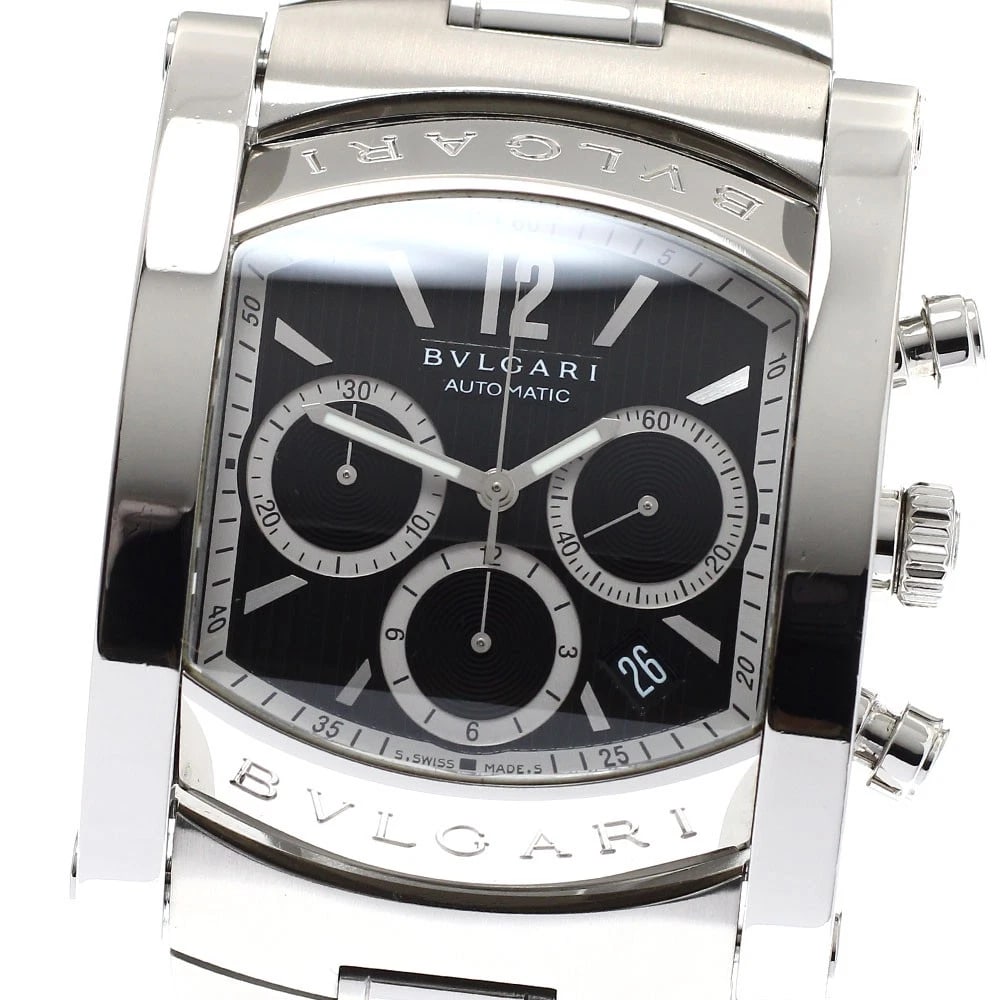 BVLGARI CHRONOGRAPH DATE BLACK AUTOMATIC WATCH: BVLGARI Chronograph Date Black Automatic Watch Brand: BVLGARI Type: Wristwatch Material: Band Material Stainless Steel, Case Material Stainless Steel Color: Band Color Silver, Dial Color black, Case