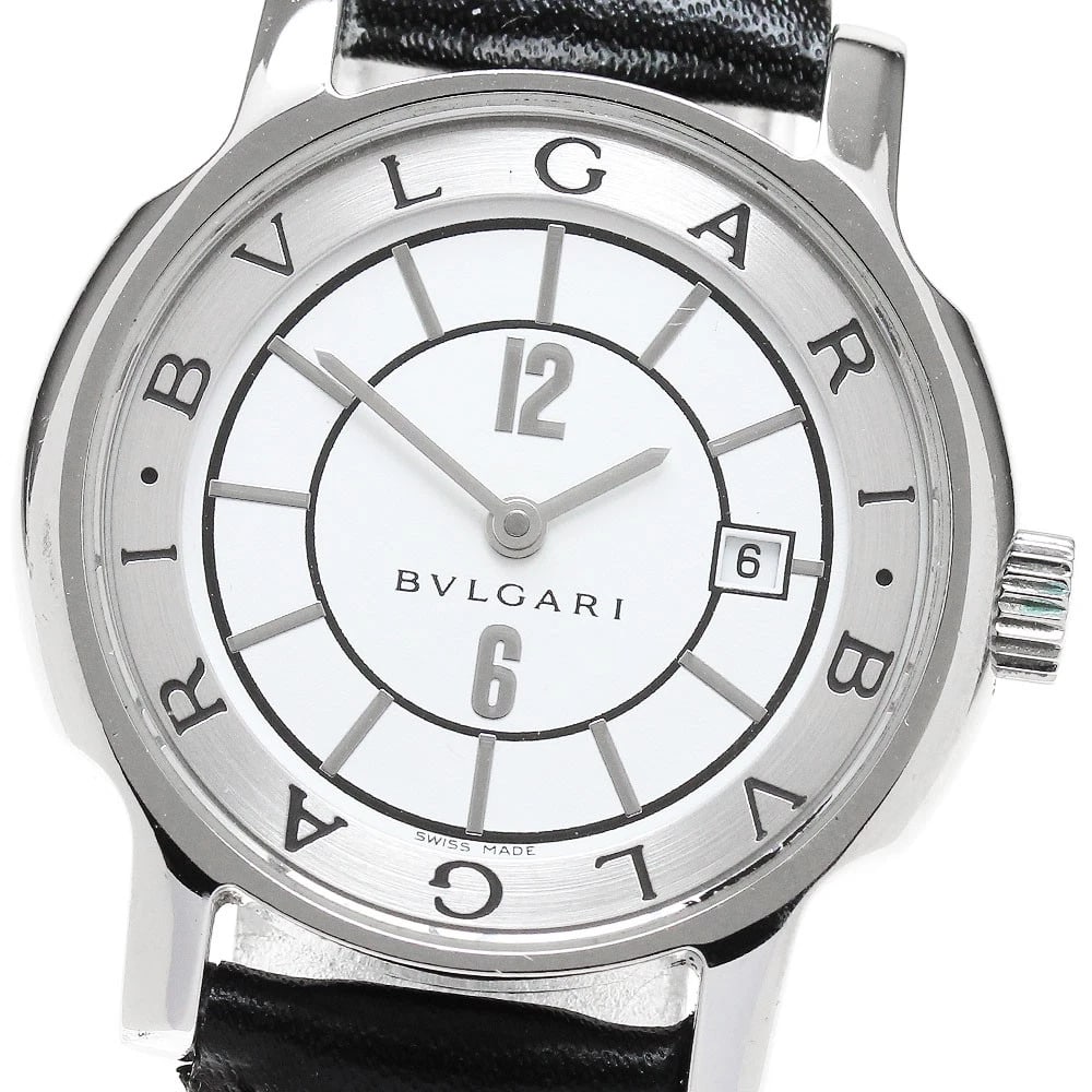 BVLGARI SOLO DATE WHITE SILVER QUARTZ WATCH: BVLGARI Solo Date White Silver Quartz Watch Brand: BVLGARI Type: Wristwatch Material: Band Material leather, Case Material Stainless Steel Color: Band Color black, Dial Color White / Silver, Case