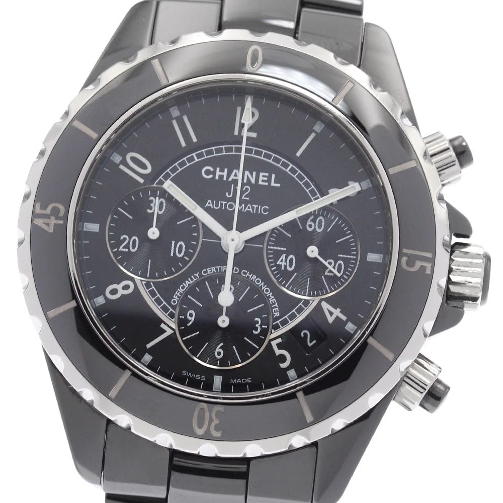 CHANEL J12 BLACK CERAMIC CHRONOGRAPH AUTOMATIC WATCH: CHANEL J12 Black ceramic chronograph Automatic Watch Brand: CHANEL Type: Wristwatch Material: Band Material Stainless Steel / ceramic, Case Material Stainless Steel / ceramic Color: Band Color Black