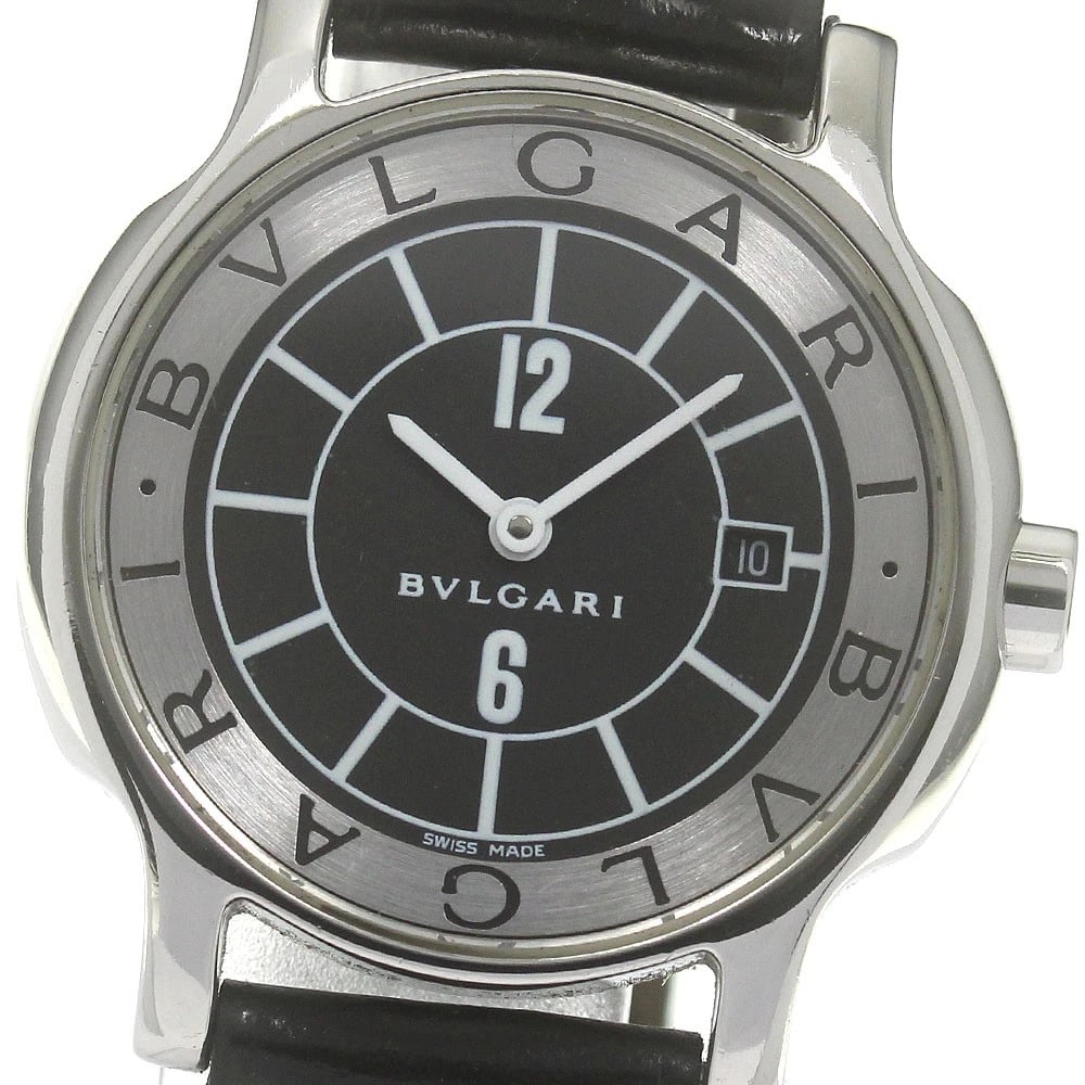 BVLGARI SOLO TEMPO DATE BLACK QUARTZ WATCH: BVLGARI Solo tempo Date black Quartz Watch Brand: BVLGARI Type: Wristwatch Material: Band Material leather", Case Material Stainless Steel Color: Band Color black, Dial Color black, Case Color Silver