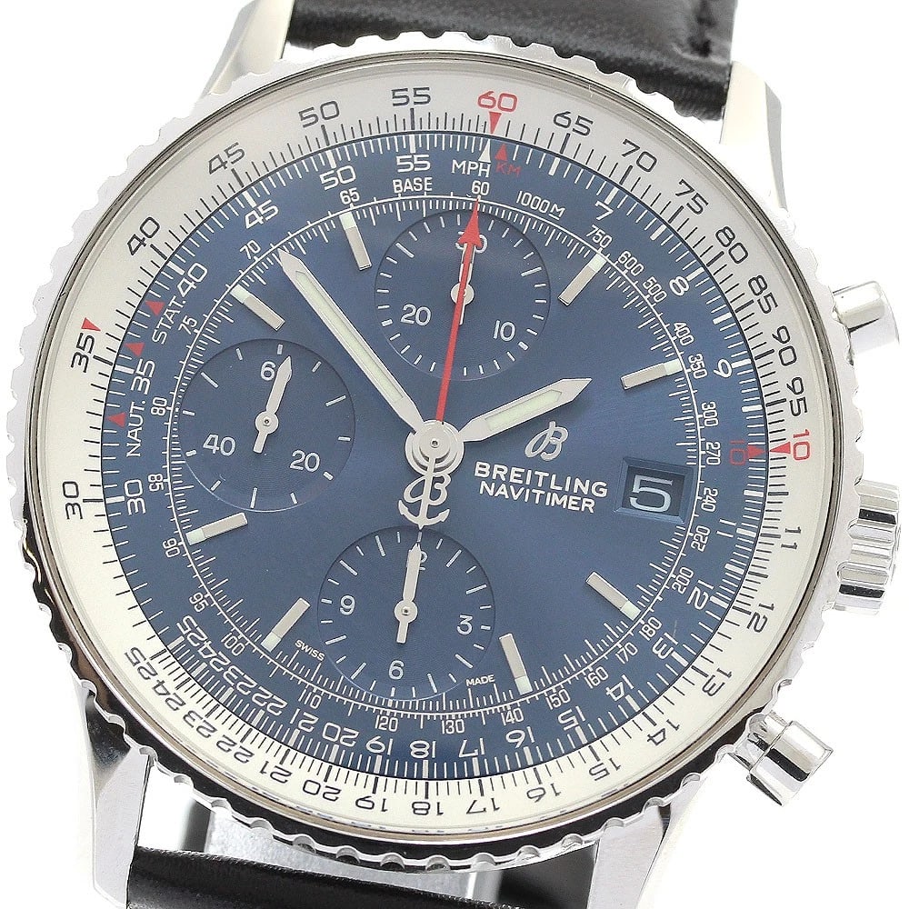 BREITLING NAVITIMER CHRONOGRAPH NAVY AUTOMATIC WATCH: BREITLING Navitimer Chronograph Navy Automatic Watch Brand: BREITLING Type: Wristwatch Material: Band Material leather, Case Material Stainless Steel Color: Band Color black, Dial Color Navy, Case Col