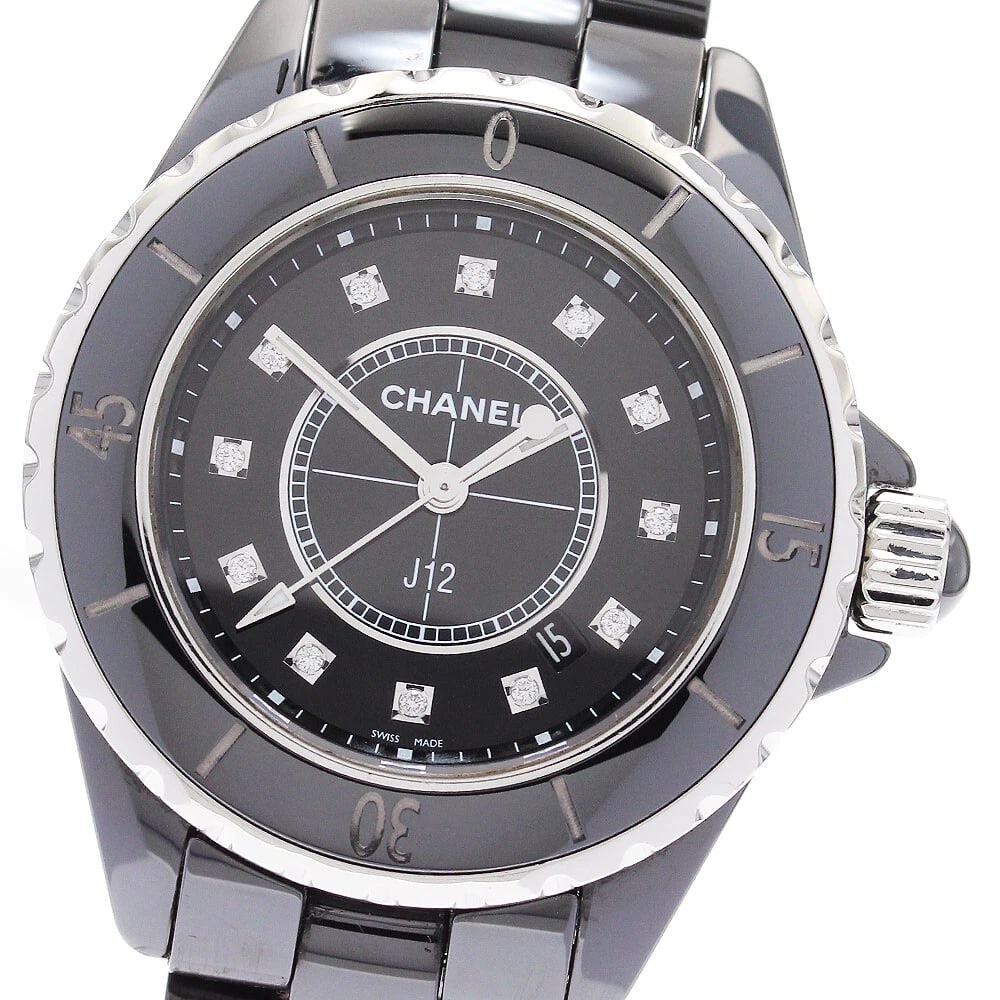CHANEL J12 BLACK CERAMIC DIAMOND QUARTZ WATCH: CHANEL J12 Black ceramic diamond Quartz Watch Brand: CHANEL Type: Wristwatch Material: Band Material Ceramic / Stainless Steel, Case Material Ceramic / Stainless Steel Color: Band Color black, Dial