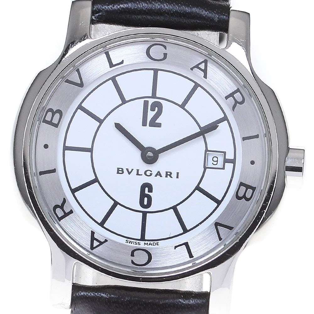 BVLGARI SOLO TEMPO DATE WHITE SILVER QUARTZ WATCH: BVLGARI Solo tempo Date White Silver Quartz Watch Brand: BVLGARI Type: Wristwatch Material: Band Material leather, Case Material Stainless Steel Color: Band Color black, Dial Color White / Silver,