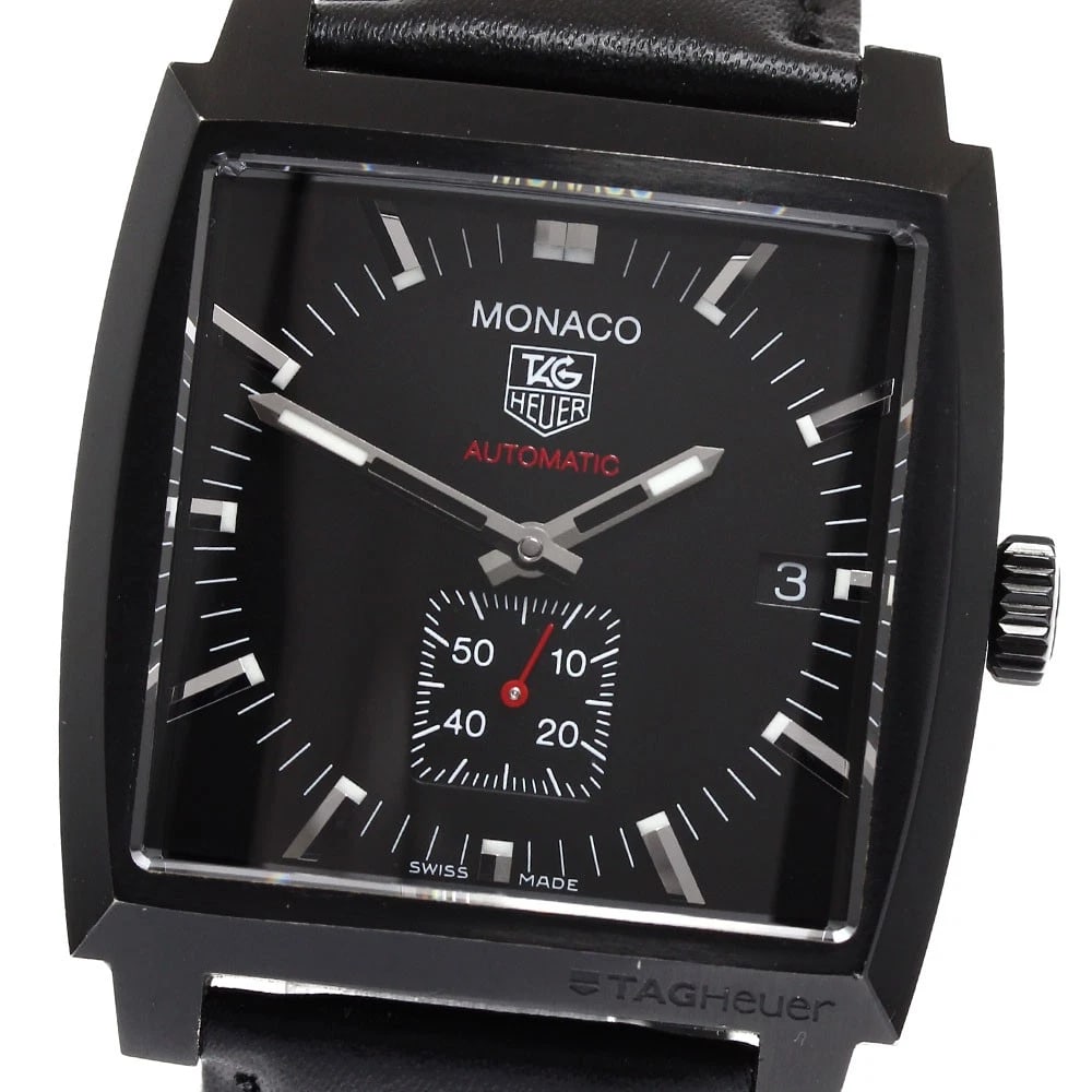TAG HEUER DATE AUTOMATIC WATCH: TAG HEUER Date Automatic Watch Brand: TAG HEUER Type: Wristwatch Material: Band Material leather, Case Material Stainless Steel Color: Band Color black, Dial Color black, Case Color black Size: Case