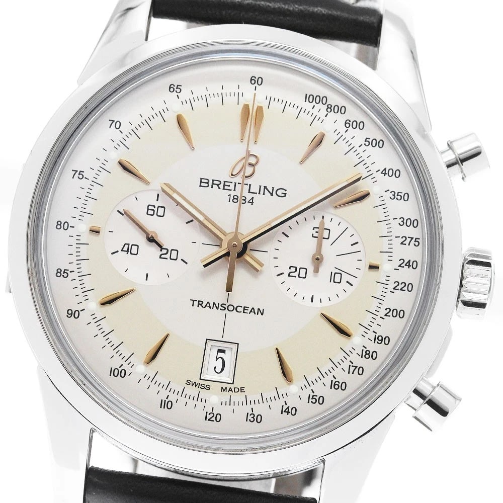BREITLING TRANSOCEAN CHRONOGRAPH BEIGE AUTOMATIC WATCH: BREITLING Transocean Chronograph beige Automatic Watch Brand: BREITLING Type: Wristwatch Material: Band Material leather, Case Material Stainless Steel Color: Band Color black, Dial Color beige, Case