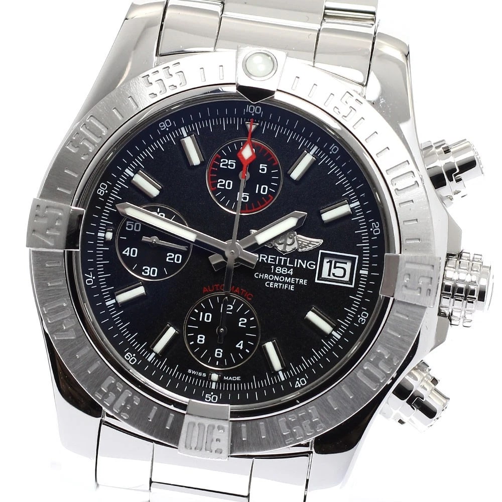 BREITLING AVENGER DATE CHRONOGRAPH BLACK AUTOMATIC WATCH: BREITLING Avenger Date Chronograph black Automatic Watch Brand: BREITLING Type: Wristwatch Material: Band Material Stainless Steel, Case Material Stainless Steel Color: Band Color Silver, Dial Color