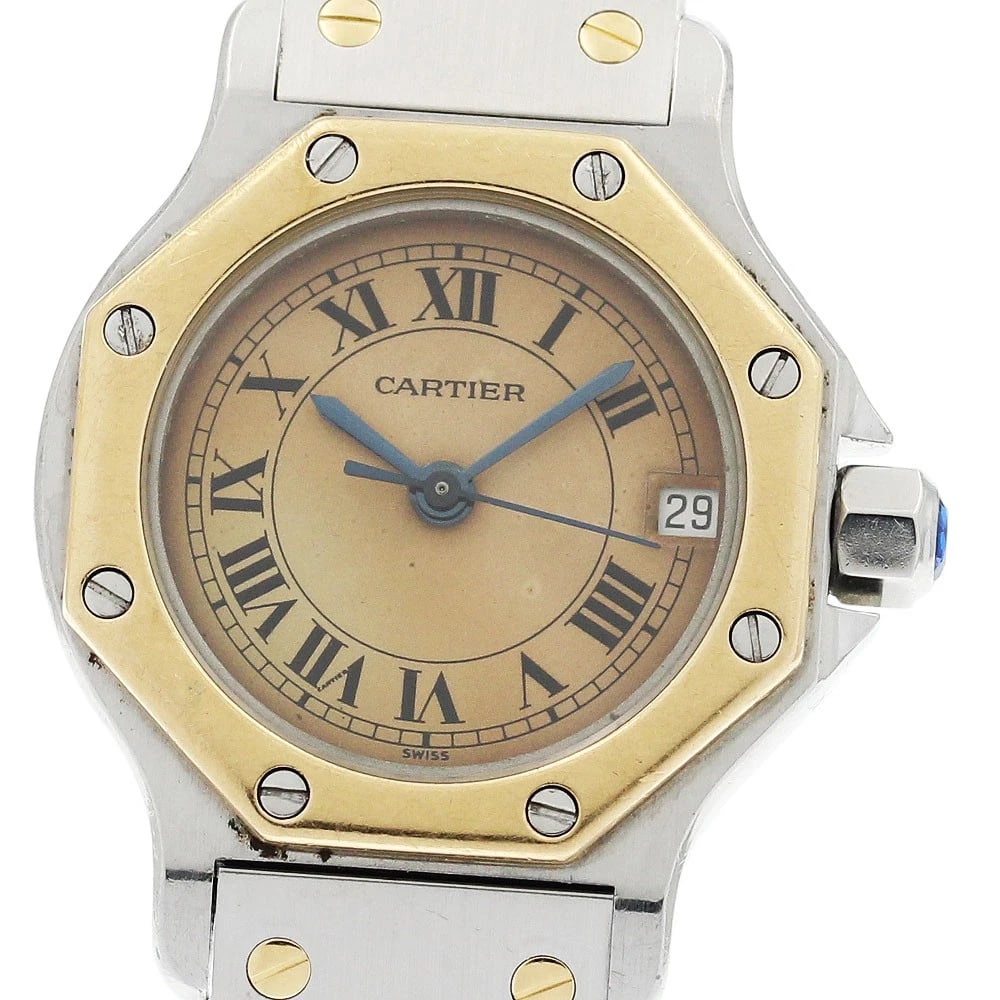 CARTIER SANTOS OCTAGON DATE BEIGE QUARTZ WATCH: CARTIER Santos Octagon Date beige Quartz Watch Brand: CARTIER Type: Wristwatch Material: Band Material Stainless Steel/YG, Case Material Stainless Steel/YG Color: Band Color Silver / Gold, Dial Color