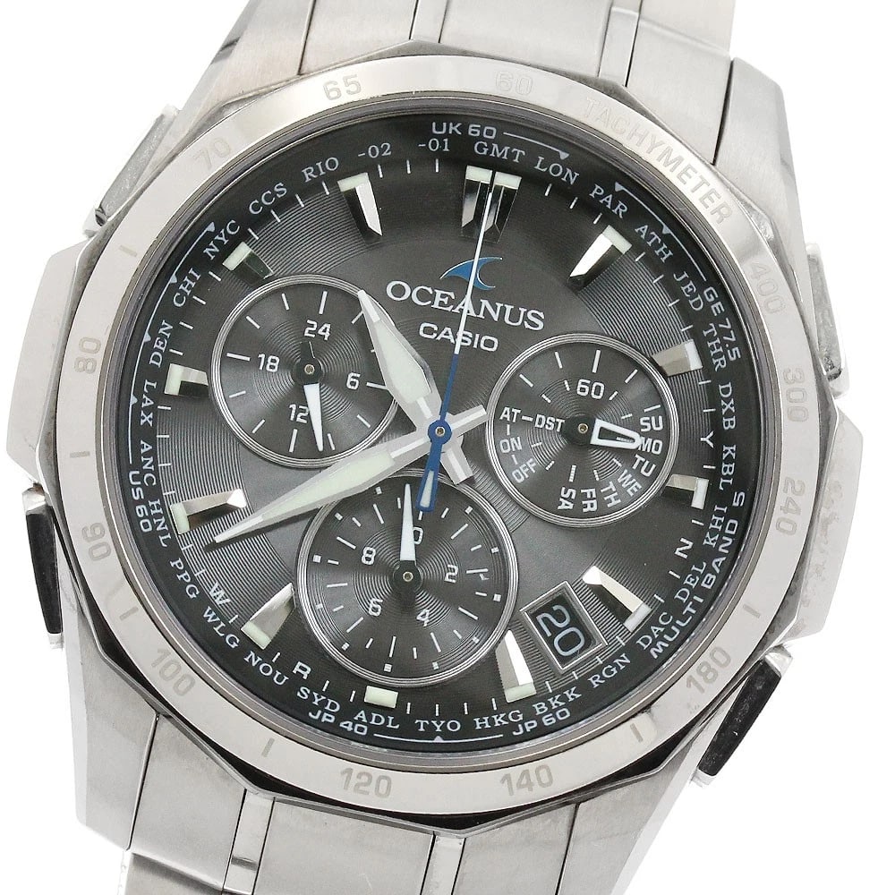 CASIO OCEAN BLACK SOLAR POWERED RADIO WATCH: CASIO Ocean Black Solar Powered Radio Watch Brand: CASIO Type: Wristwatch Material: Band Material titanium, Case Material titanium Color: Band Color Silver, Dial Color black, Case Color Silver Size:
