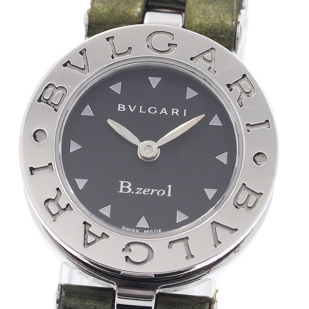 BVLGARI BLACK QUARTZ WATCH: BVLGARI Black Quartz Watch Brand: BVLGARI Type: Wristwatch Material: Band Material leather, Case Material Stainless Steel Color: Band Color green, Dial Color black, Case Color Silver Size: Case Size