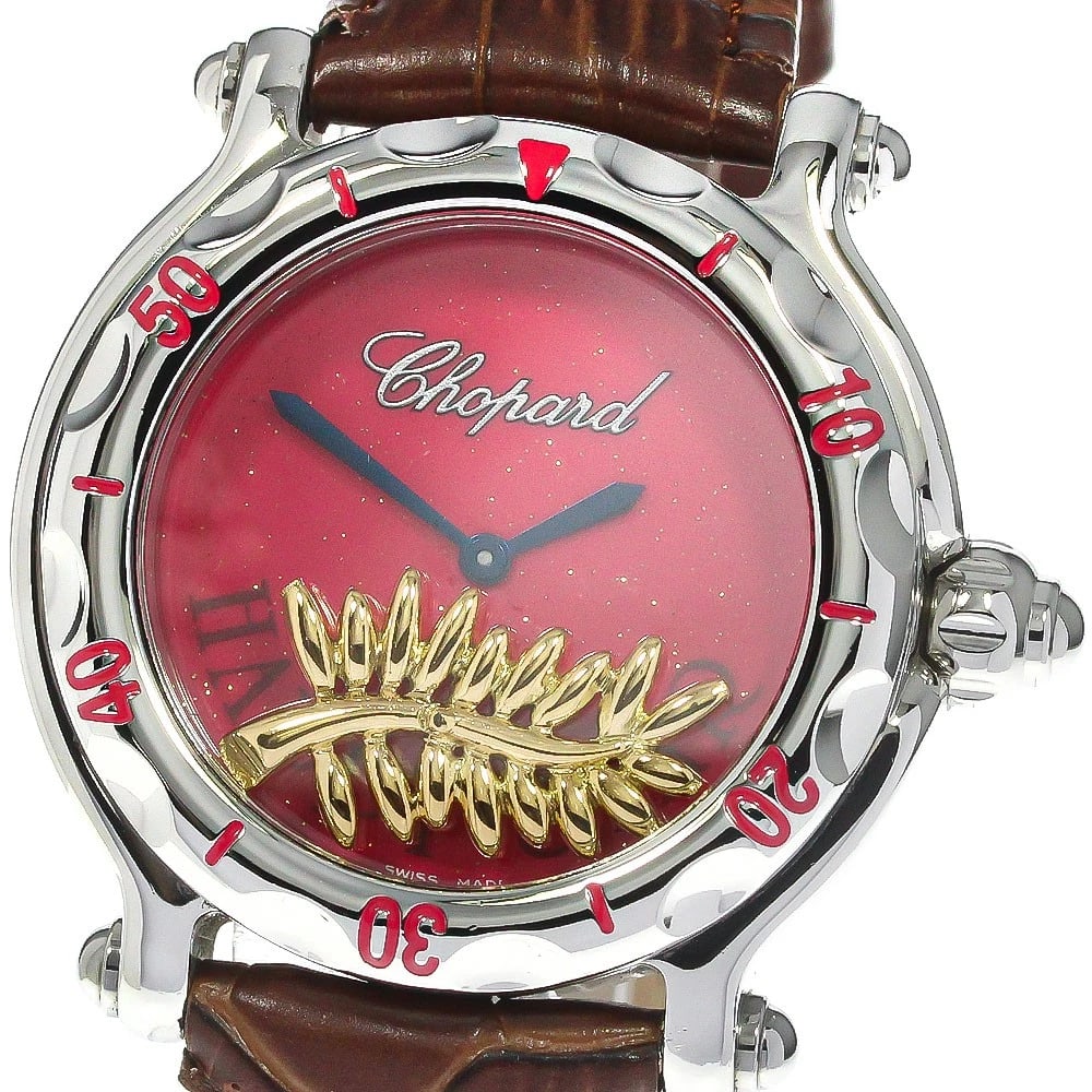 CHOPARD HAPPY SPORTS PINK QUARTZ WATCH: Chopard Happy sports pink Quartz Watch Brand: Chopard Type: Wristwatch Material: Band Material leather, Case Material Stainless Steel Color: Band Color Brown, Dial Color pink, Case Color Silver Size: