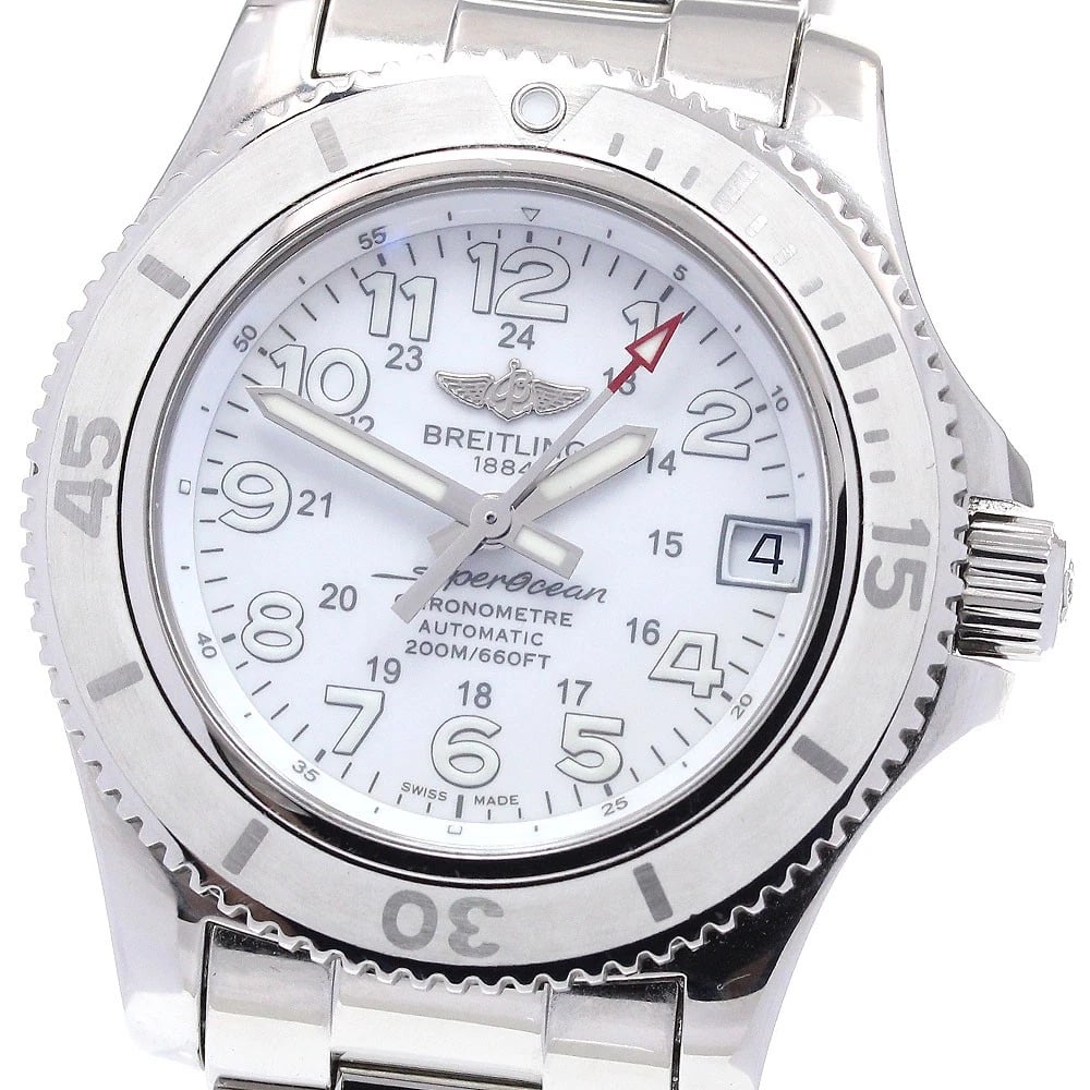 BREITLING SUPER OCEAN DATE WHITE AUTOMATIC WATCH: BREITLING Super Ocean Date White Automatic Watch Brand: BREITLING Type: Wristwatch Material: Band Material Stainless Steel, Case Material Stainless Steel Color: Band Color Silver, Dial Color white,