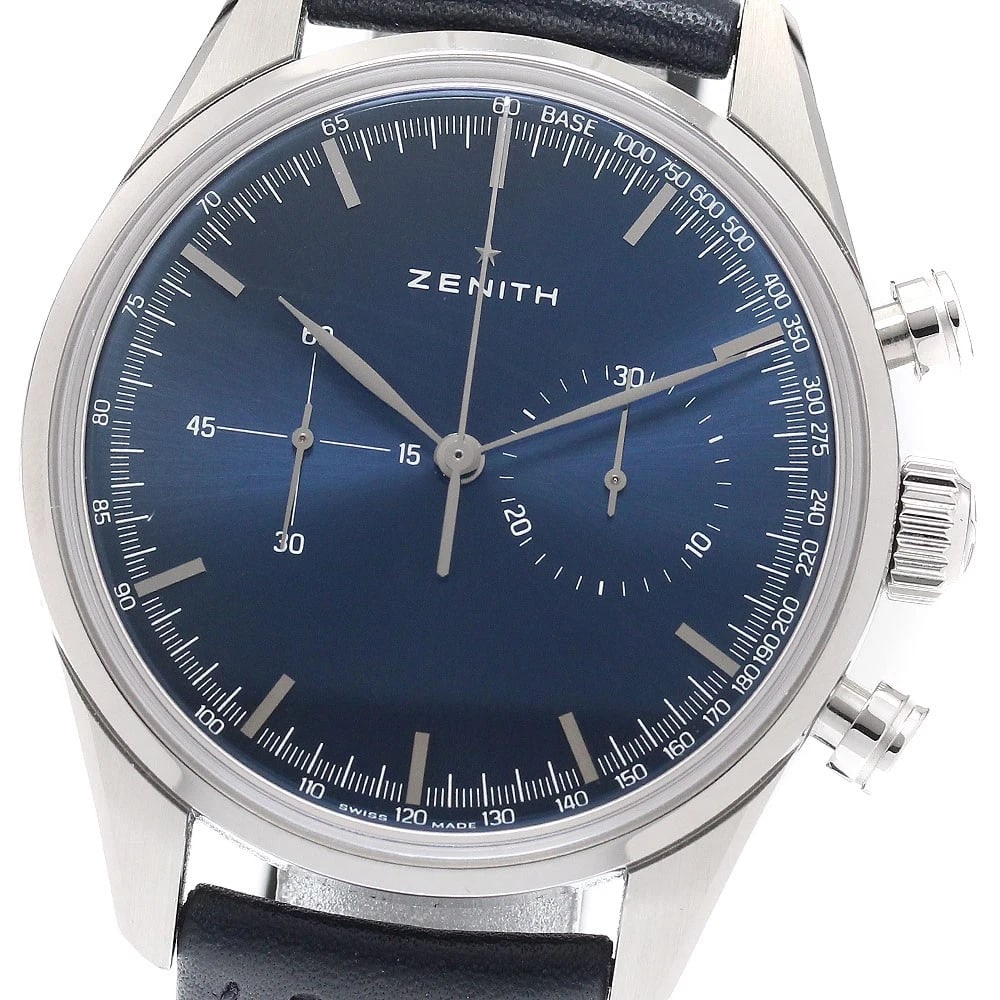ZENITH EL PRIMERO CHRONOMASTER HERITAGE AUTOMATIC WATCH: ZENITH El Primero Chronomaster Heritage Automatic Watch Brand: ZENITH Type: Wristwatch Material: Band Material leather, Case Material Stainless Steel Color: Band Color Navy, Dial Color blue, Case Colo