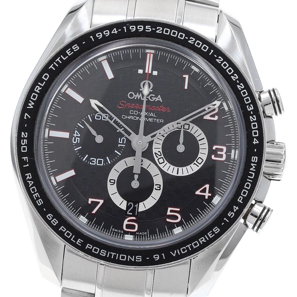 OMEGA SPEEDMASTER RACING SCHUMACHER AUTOMATIC WATCH: OMEGA Speedmaster Racing Schumacher Automatic Watch Brand: OMEGA Type: Wristwatch Material: Band Material Stainless Steel, Case Material Stainless Steel Color: Band Color Silver, Dial Color black,