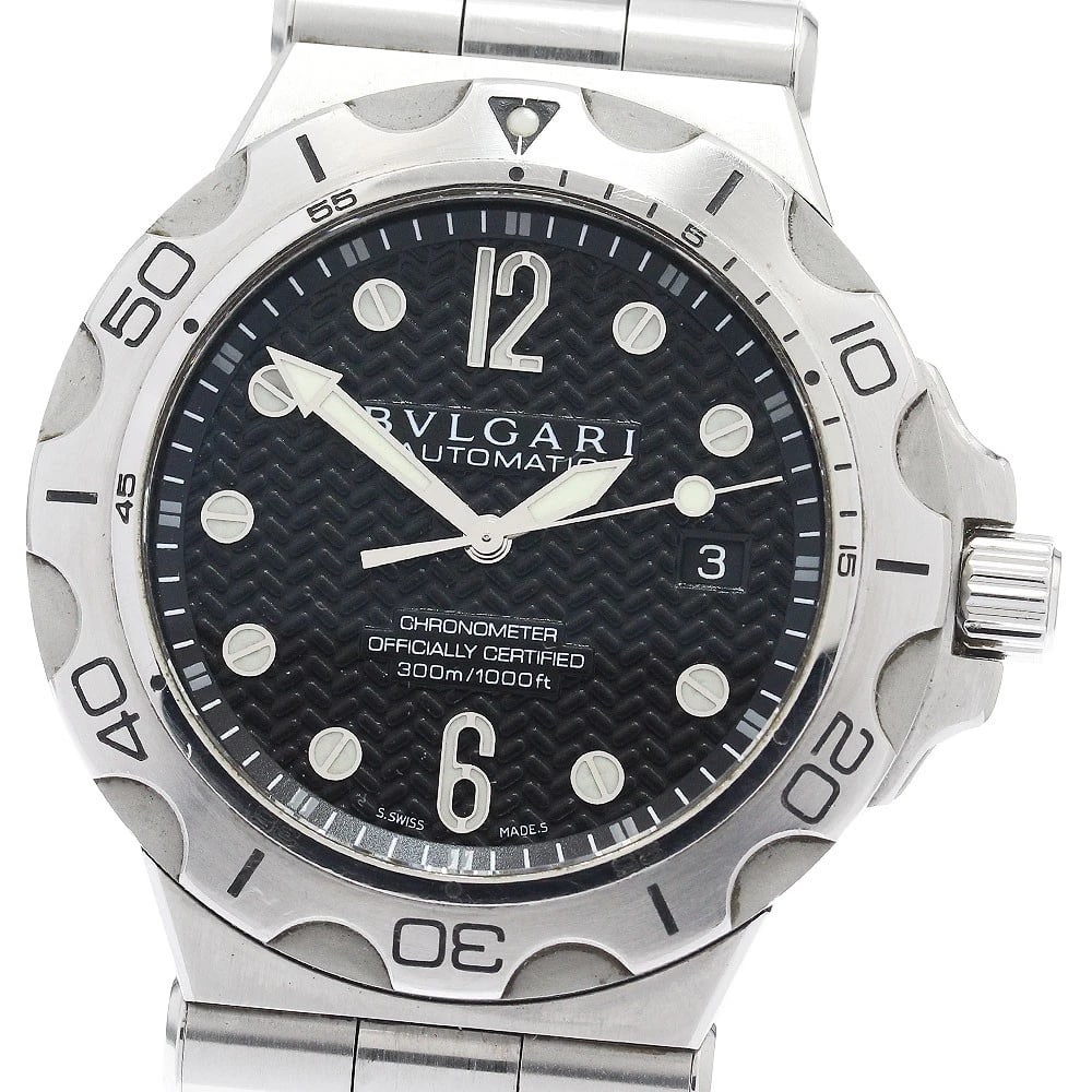 BVLGARI DIAGONO DATE BLACK AUTOMATIC WATCH: BVLGARI Diagono Date Black Automatic Watch Brand: BVLGARI Type: Wristwatch Material: Band Material Stainless Steel, Case Material Stainless Steel Color: Band Color Silver, Dial Color black, Case