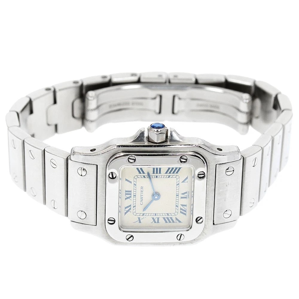 CARTIER SANTOS GALBEE BEIGE QUARTZ WATCH: CARTIER Santos Galbee beige Quartz Watch Brand: CARTIER Type: Wristwatch Material: Band Material Stainless Steel, Case Material Stainless Steel Color: Band Color Silver, Dial Color beige, Case Color