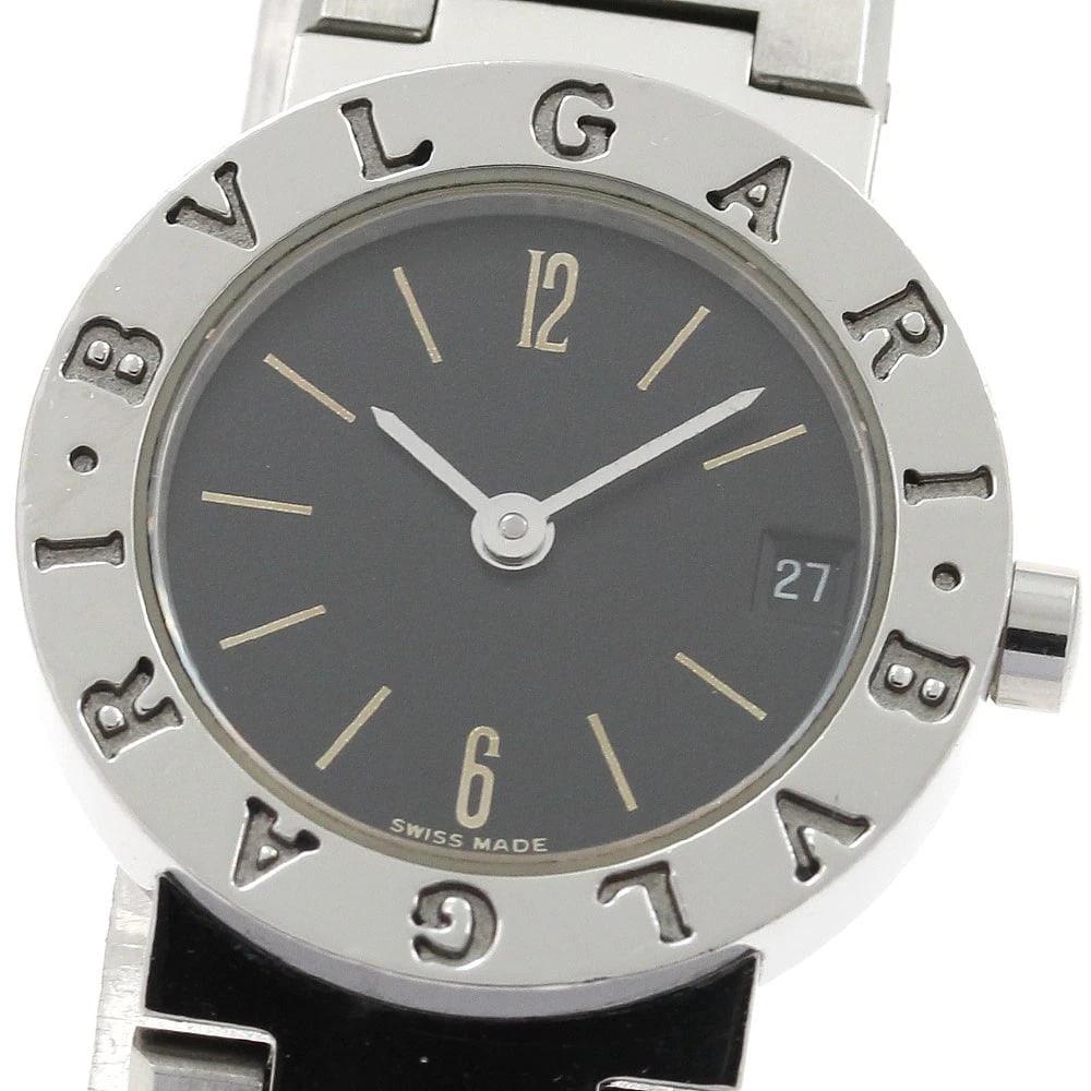 BVLGARI DATE BLACK QUARTZ WATCH: BVLGARI Date black Quartz Watch Brand: BVLGARI Type: Wristwatch Material: Band Material Stainless Steel, Case Material Stainless Steel Color: Band Color Silver, Dial Color black, Case Color Silver