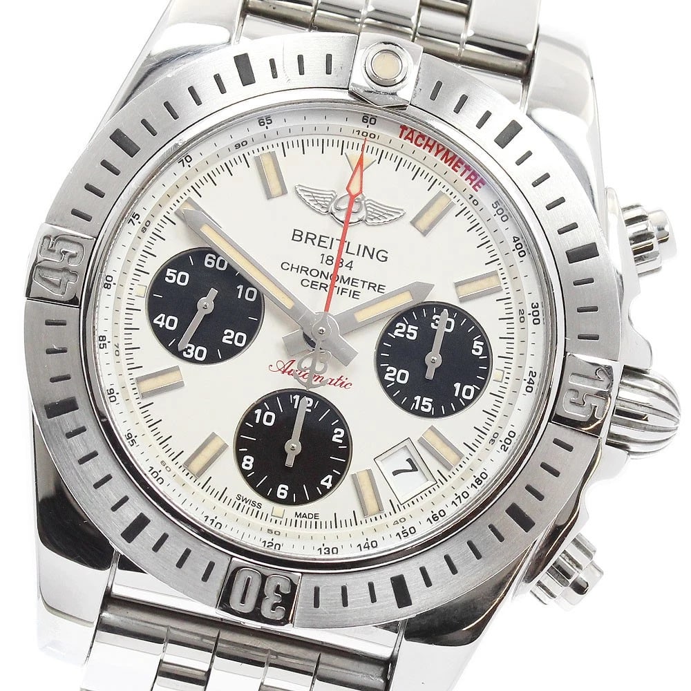 BREITLING CHRONOMAT STAINLESS STEEL WATCH: BREITLING Chronomat Stainless Steel Watch Brand: BREITLING Type: Wristwatch Material: Band Material Stainless Steel, Case Material Stainless Steel Color: Band Color Silver, Dial Color Beige / black,