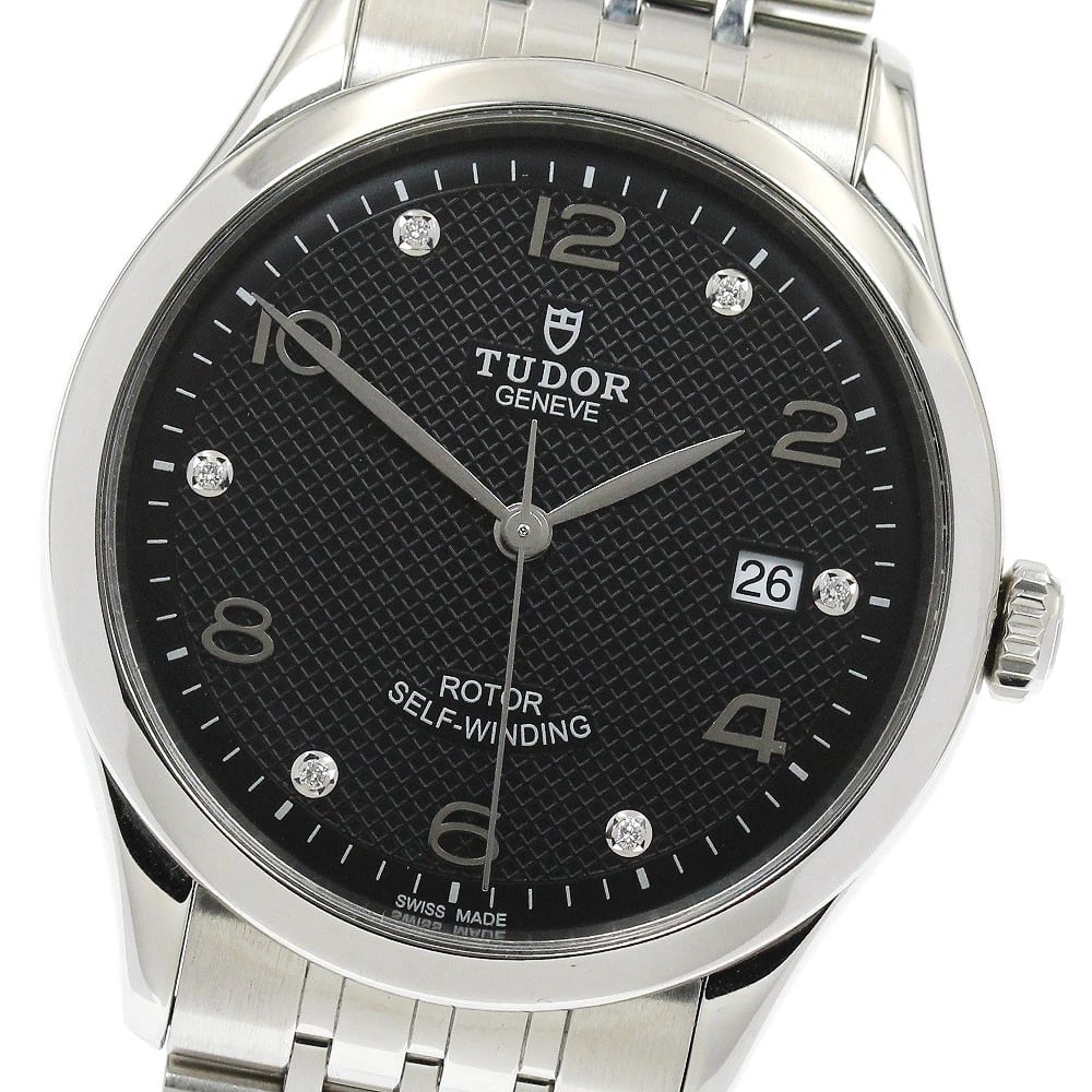 TUDOR DATE DIAMOND BLACK AUTOMATIC WATCH: TUDOR Date diamond black Automatic Watch Brand: TUDOR Type: Wristwatch Material: Band Material Stainless Steel, Case Material Stainless Steel Color: Band Color Silver, Dial Color black, Case Color