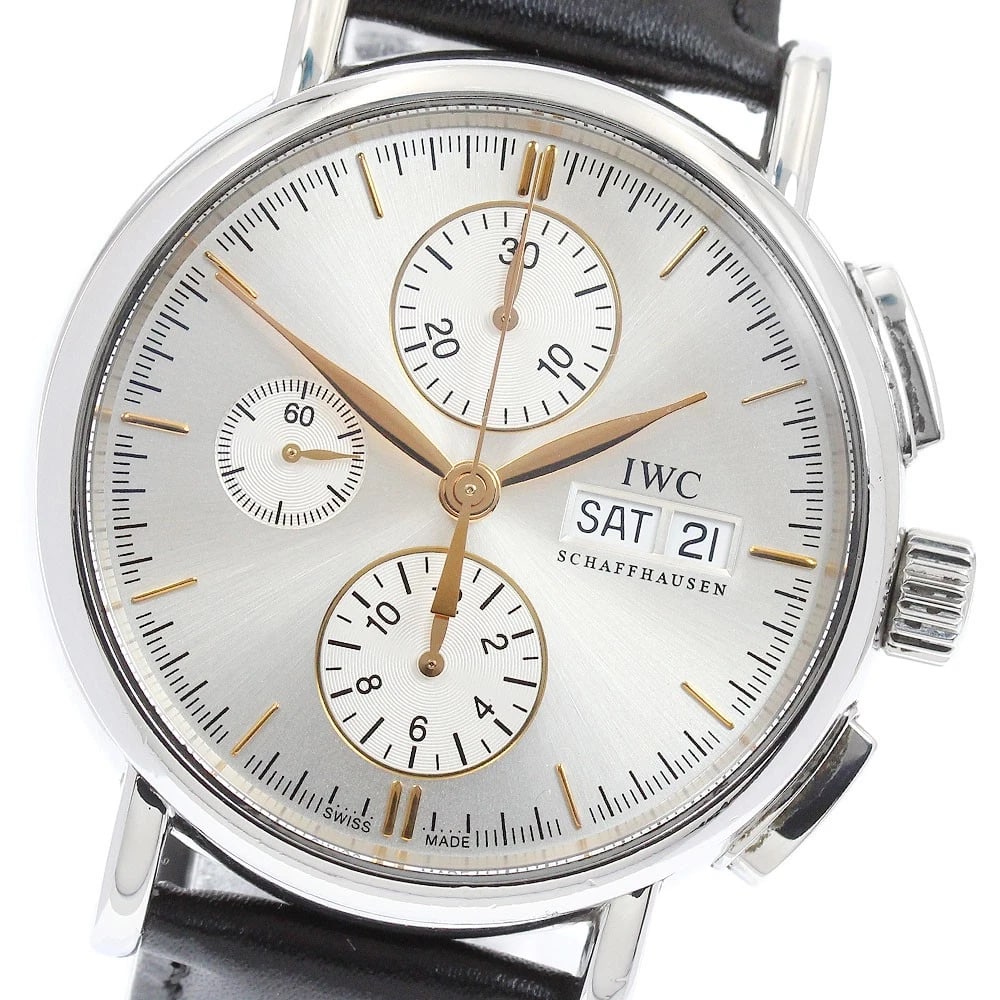 IWC SCHAFFHAUSEN PORTOFINO CHRONOGRAPH AUTOMATIC WATCH: IWC SCHAFFHAUSEN Portofino Chronograph Automatic Watch Brand: IWC SCHAFFHAUSEN Type: Wristwatch Material: Band Material leather, Case Material Stainless Steel Color: Band Color black, Dial Color