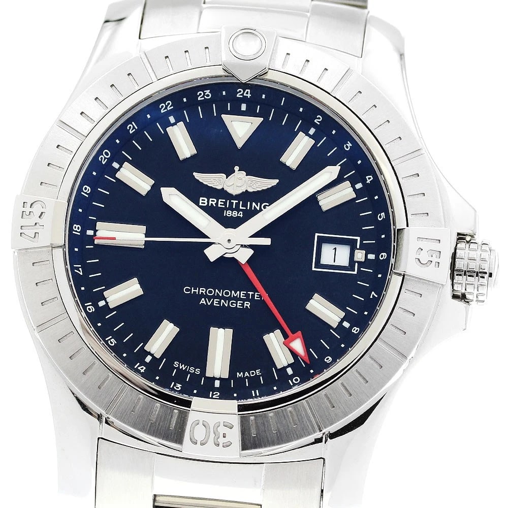 BREITLING AVENGER AUTOMATIC GMT DATE BLACK WATCH: BREITLING Avenger Automatic GMT date black Watch Brand: BREITLING Type: Wristwatch Material: Band Material Stainless Steel, Case Material Stainless Steel Color: Band Color Silver, Dial Color black,