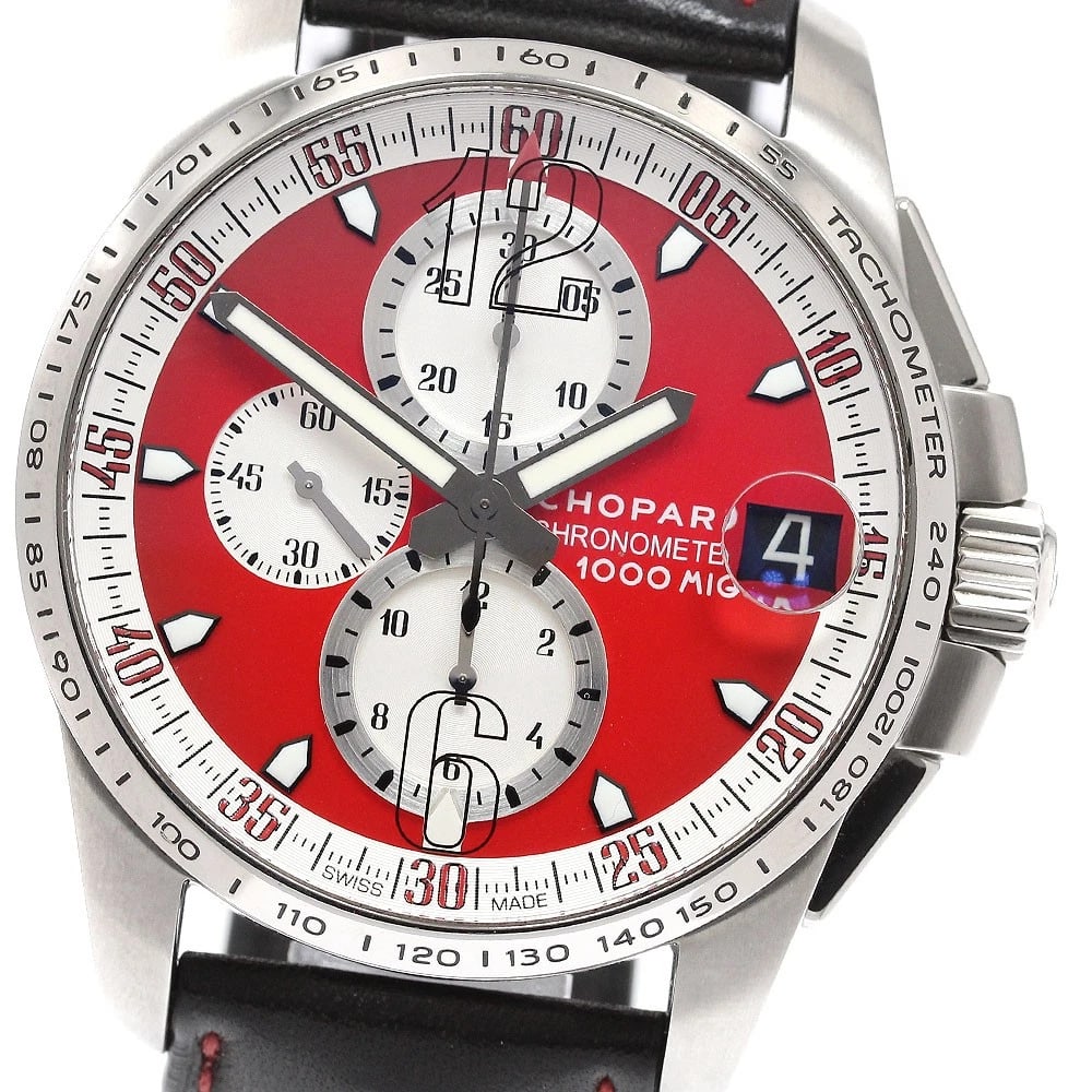 CHOPARD MILLE MIGLIA CHRONOGRAPH AUTOMATIC WATCH: Chopard Mille Miglia Chronograph Automatic Watch Brand: Chopard Type: Wristwatch Material: Band Material leather, Case Material Stainless Steel Color: Band Color black, Dial Color Red, Case Color