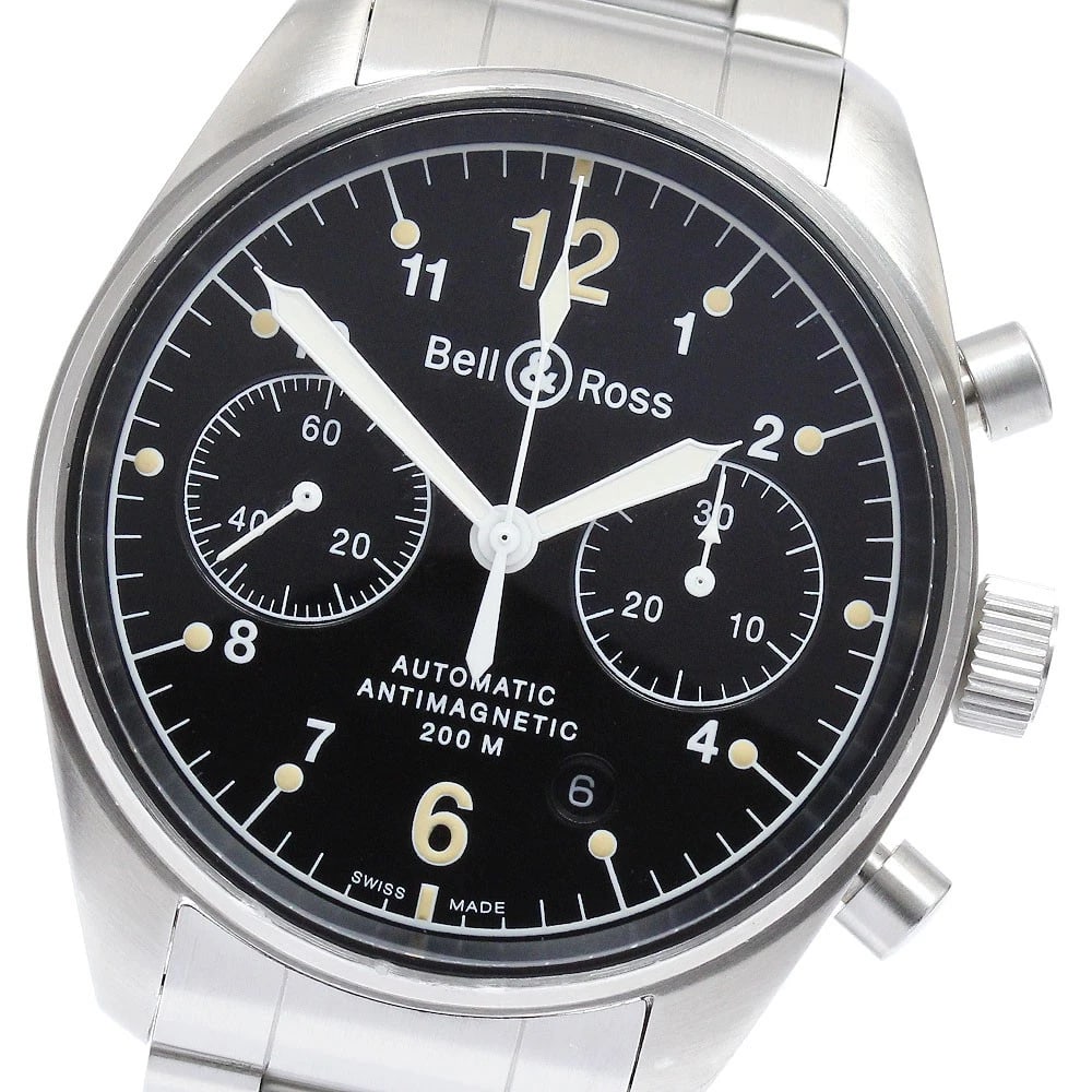 BELL?ROSS VINTAGE DATE CHRONOGRAPH AUTOMATIC WATCH: Bell?Ross Vintage Date Chronograph Automatic Watch Brand: Bell?Ross Type: Wristwatch Material: Band Material Stainless Steel, Case Material Stainless Steel Color: Band Color Silver, Dial Color black, 