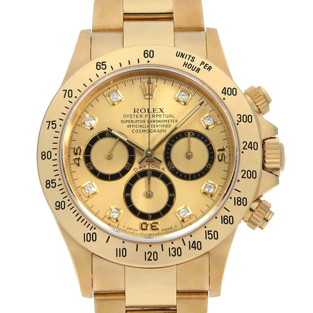 ROLEX COSMOGRAPH DAYTONA DIAMOND CHAMPAGNE WATCH: ROLEX Cosmograph Daytona diamond Champagne Watch Brand: ROLEX Type: Wrist watch Material: Band Material Yellow Gold, Case Material Yellow Gold Color: Dial Color Champagne Gold Size: Case:W40mm